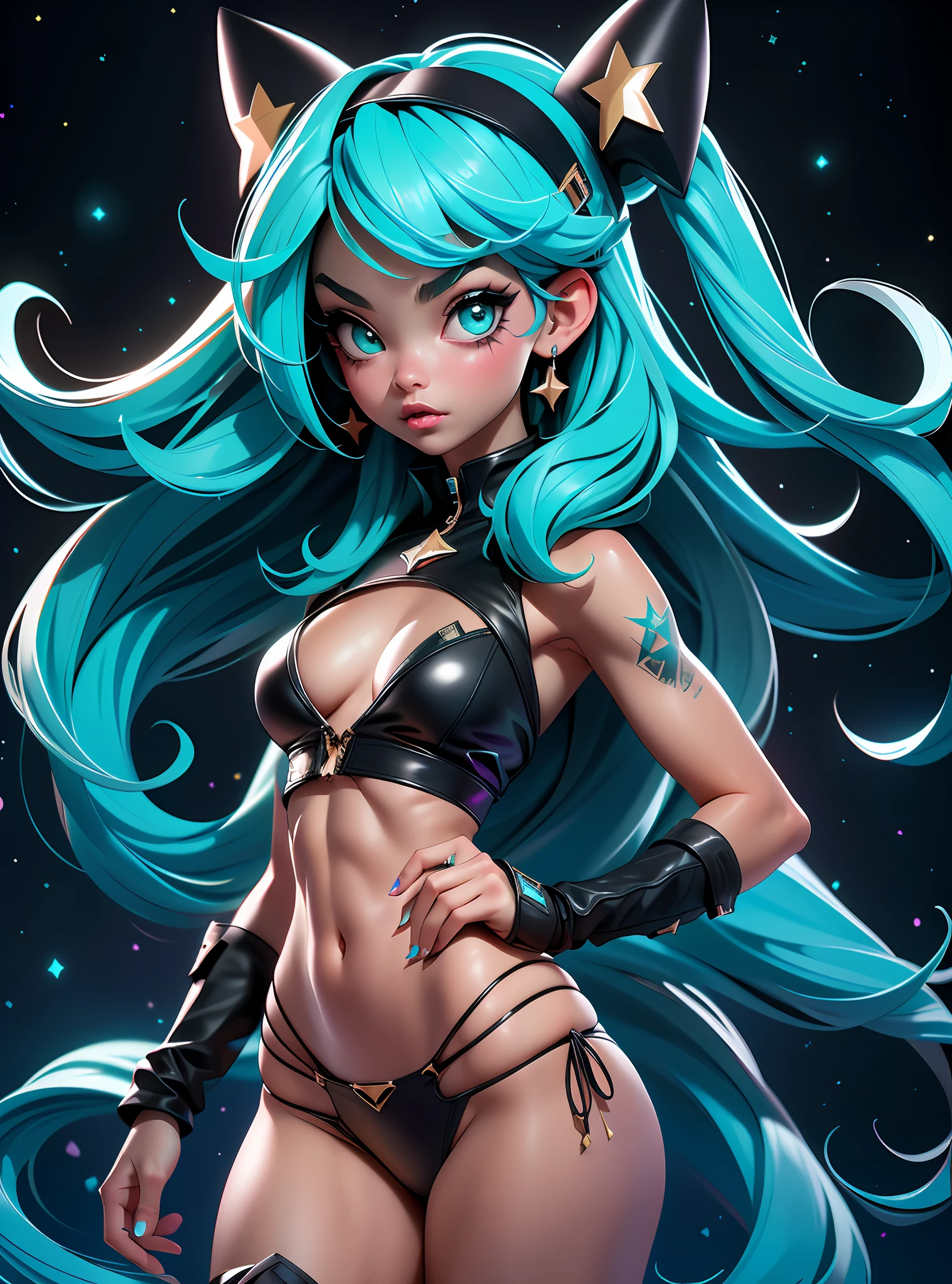 ((Best Quality)), ((Masterpiece)), ((Realistic)) and ultra-detailed photography of a girl with goth colors. She has ((turquoise hair)), wears a (small black micro-thong, black micro-bikini:star motif ) , ((beautiful and aesthetic)), muscular fit body abs, sexy, under-boobs, hot, (clear star filled sky background)
(clear background:1.35), (particles ,firefly, blue glowing):1.3,