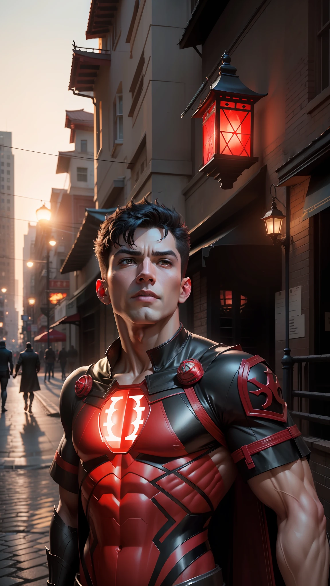 (8k, RAW photo, best quality, masterpiece: 1.2), ultra detailed, official art, photo-realistic: 1.37, top body photo, DC Red Lantern, film grain, action pose, stand on boy's face, short hair, black cape,