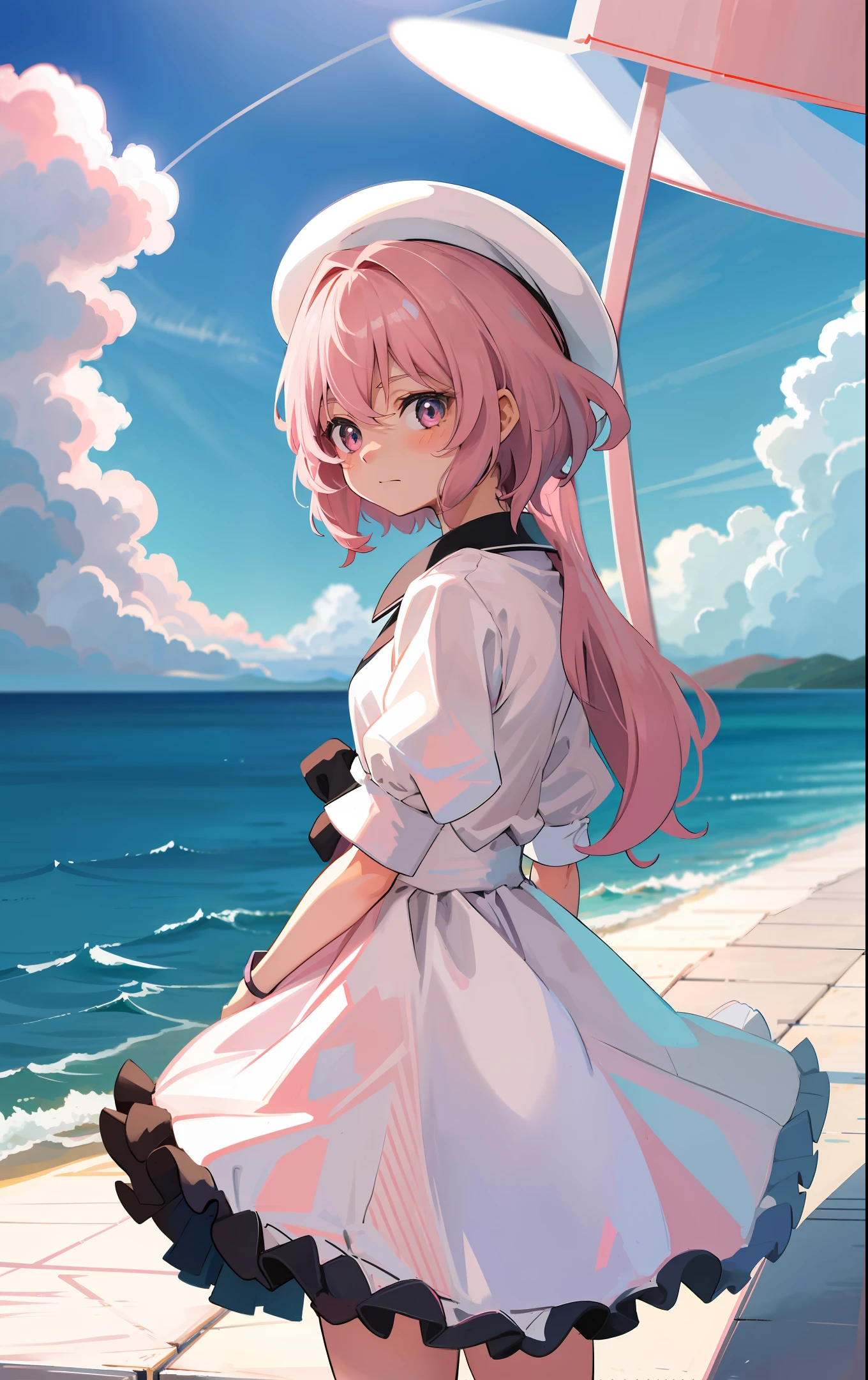 A girl with a hat with a white anime stripe admiring a sky with pink clouds facing the sea
