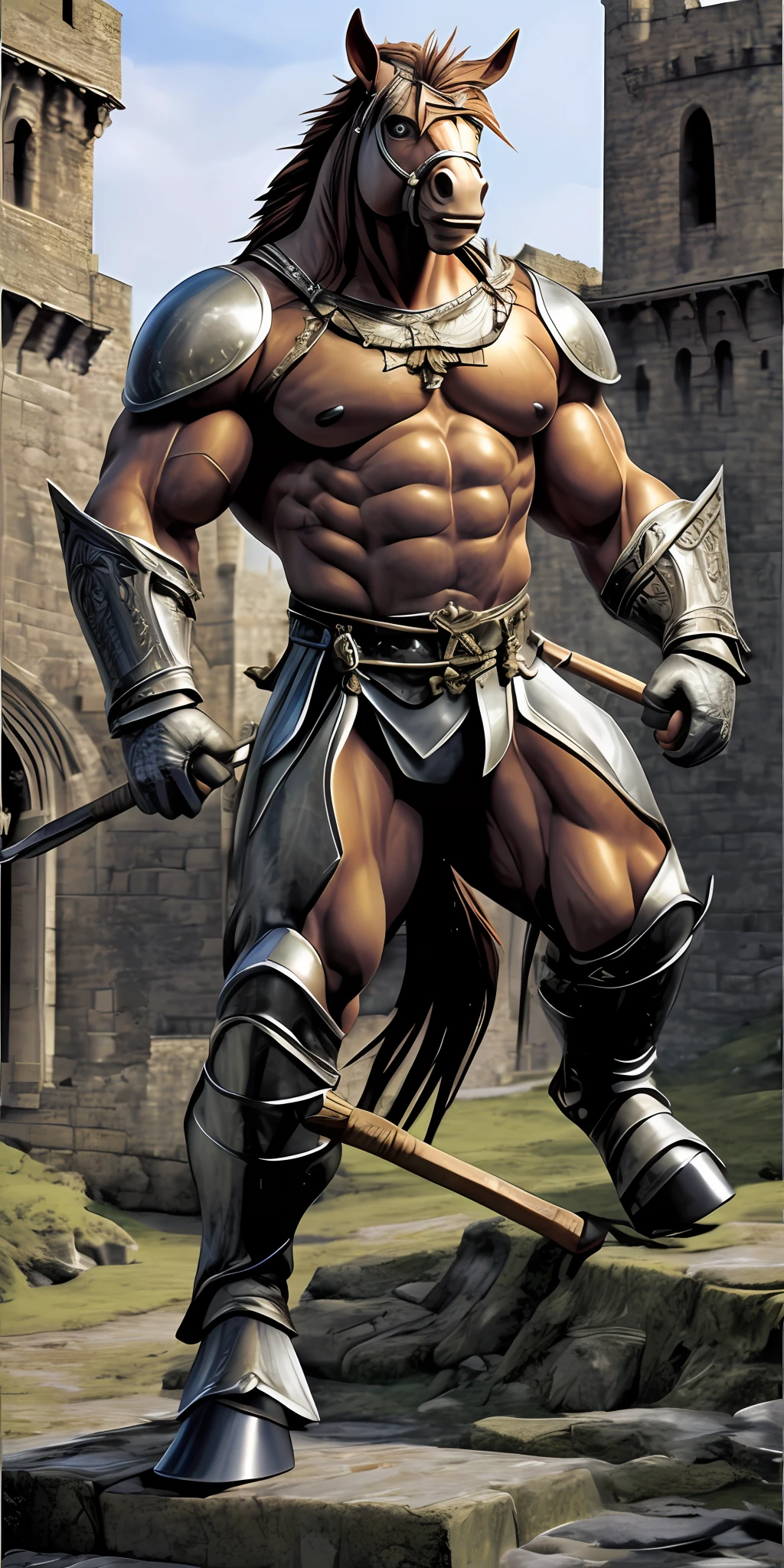 Top Quality, Castle, Gatekeeper (Highly Detailed Beautiful Face and Eyes) absurdres, Perfect Anatomy ((Beastman, Solo Focus)) (Anthro: 1.7) ((Horse Facial Features, Horse Body Features)) (Dense and Detailed Muscles)) Full Body (Fighting Pose) Armor, Spear, Medieval Warrior,