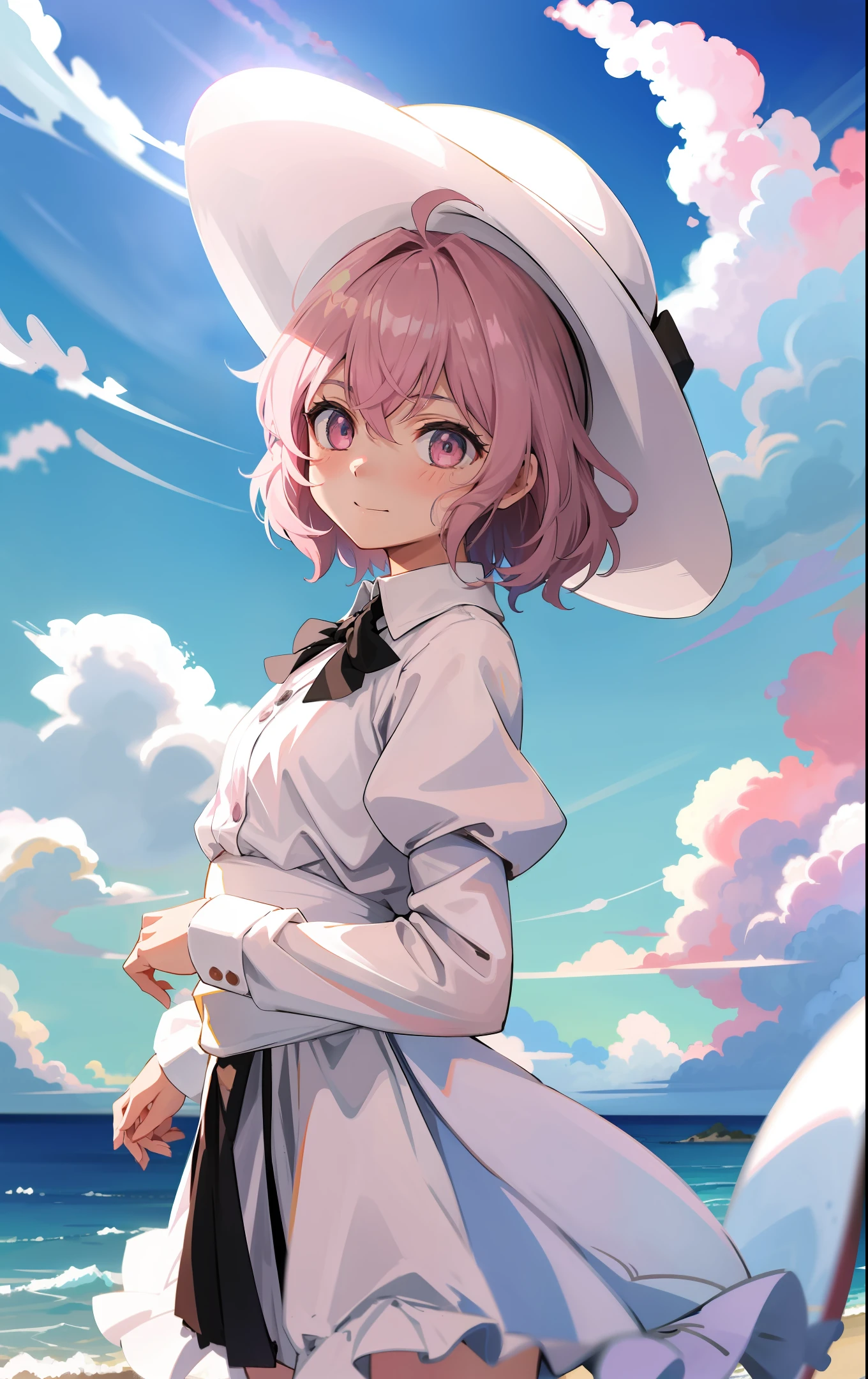 A girl with a hat with a white anime stripe admiring a sky with pink clouds facing the sea