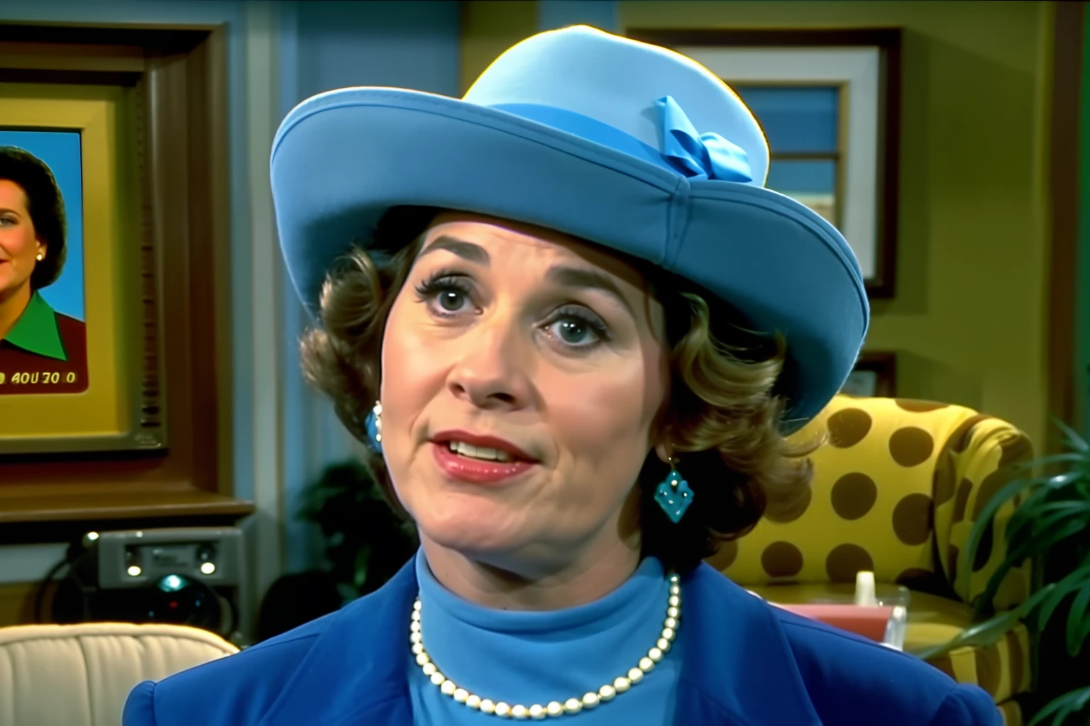vhs screengrab, shot on a broadcast camera, a live-action 80’s sitcom featuring a woman (40 years old:1.5), blue dress, blue hat, scene head diagonally, indoor house background. Reference: friends, Seinfeld, Full house.