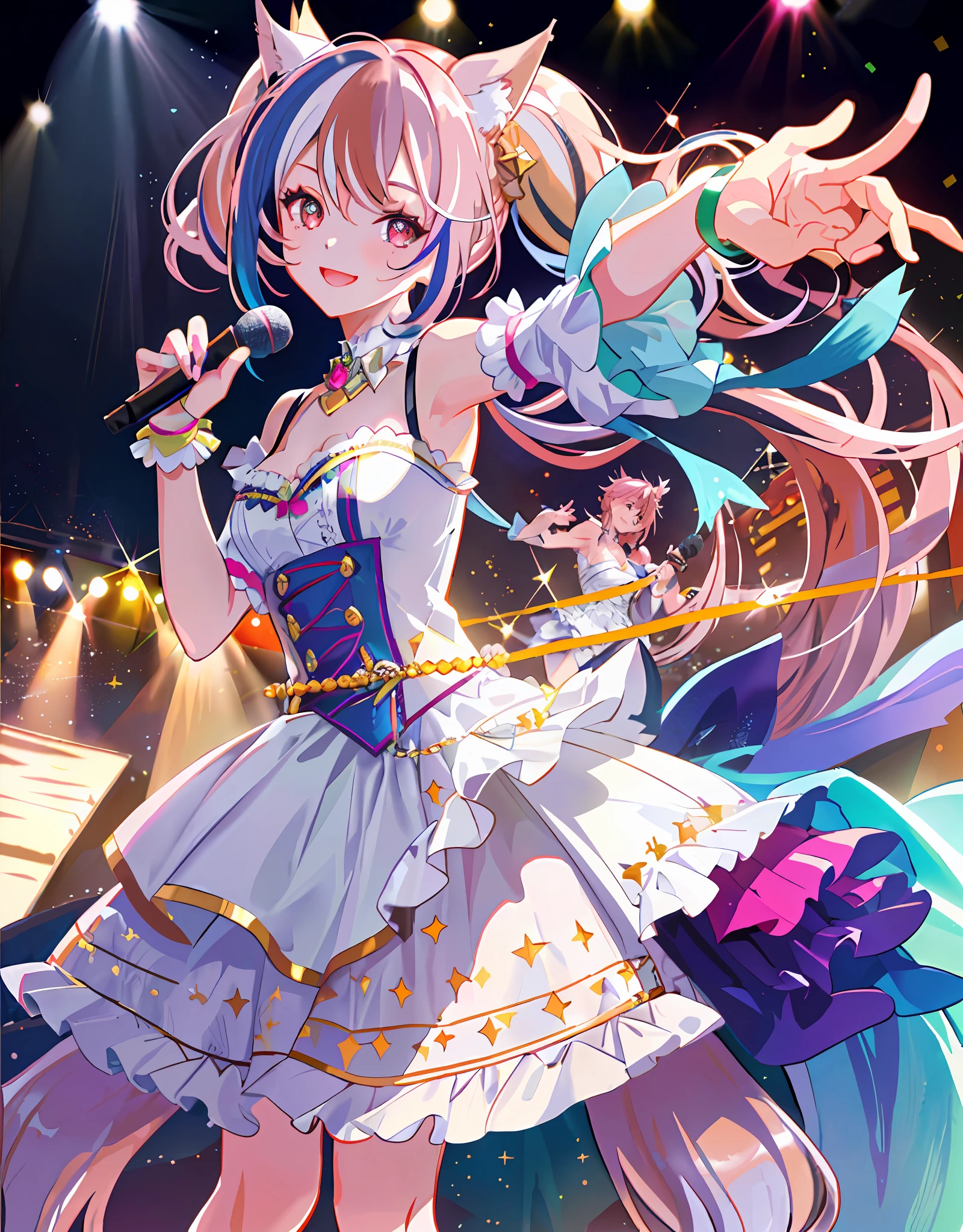 Dynamic angle, perfect human hand, super detailed human fingers, upper body, girl 1.2 people, smile, wolf ears, wolf tail, pink eyes, hair between eyes, ((((wink))), D cup, cleavage, striped hair, (((((Colorful hair color: 1))))), Variegated hairstyle: 1, twin tails, ultra-detailed gradient hair, idol costume, professional designer, ruffled dress, Love Live, Jewels, Backstage, Best Stage, Climax, Professional Stage, ((Sing emotionally with your left hand holding the microphone, overflowing emotions, best smile))), Singer, Vocalist: 1, Idol, Diva, Professional Stage, Professional Lighting, Live Lighting, Distracting, Fan Service: 1, (Satellite photo seen from the audience)))), ((Panchira, Cute panties)))