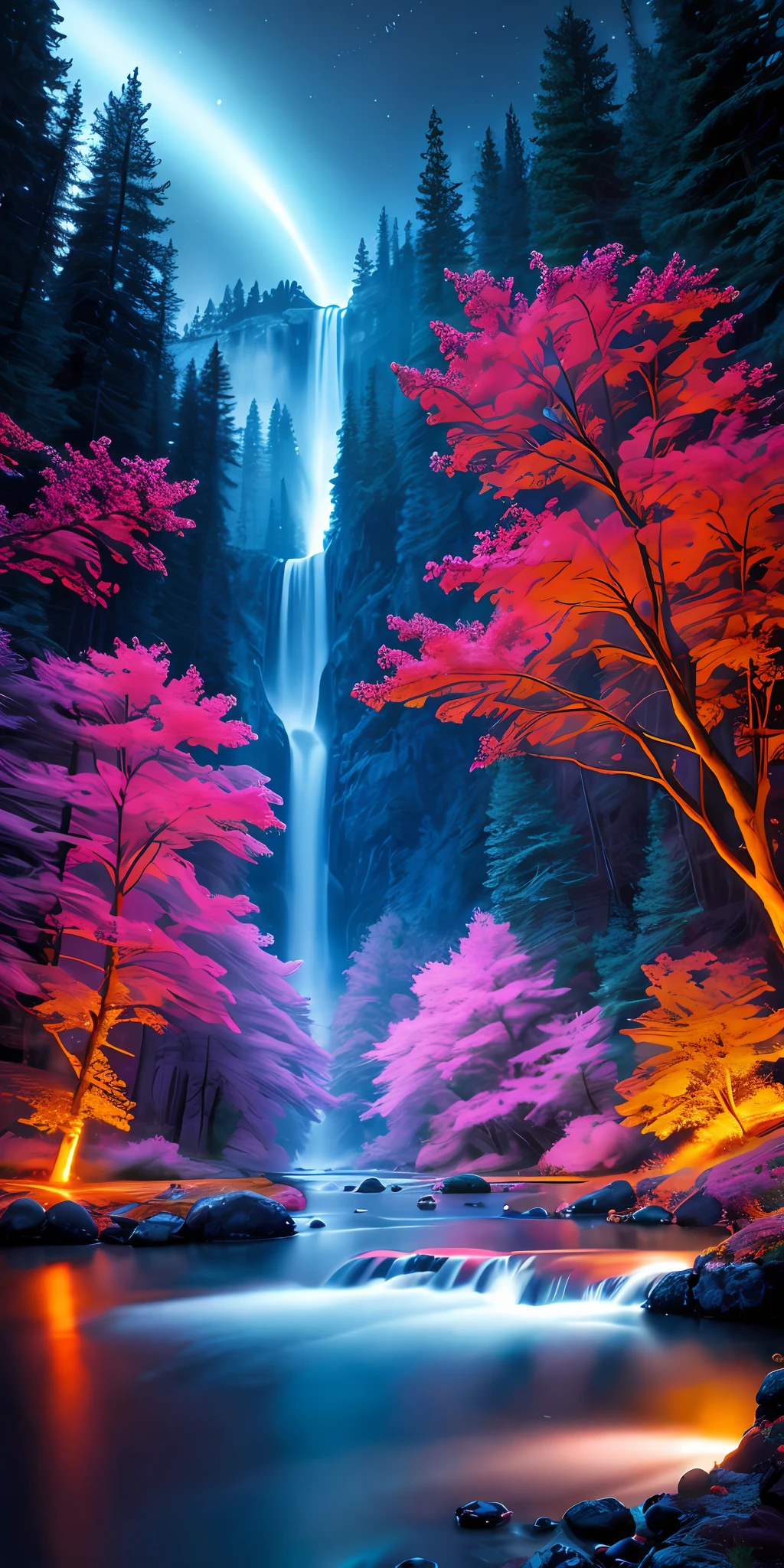 best quality, masterpiece, beautiful wild and natural fantasy landscape with glowing lights