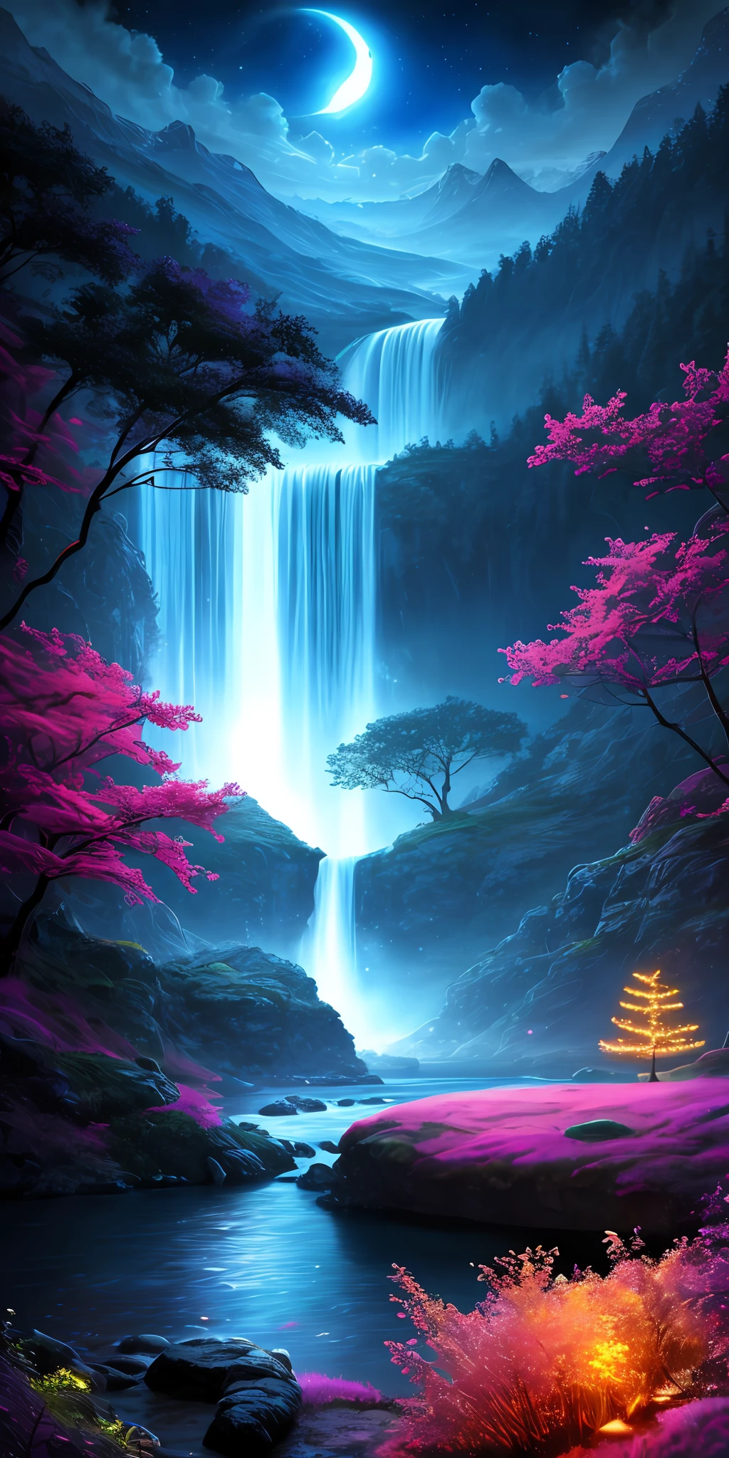 best quality, masterpiece, beautiful wild and natural fantasy landscape with glowing lights