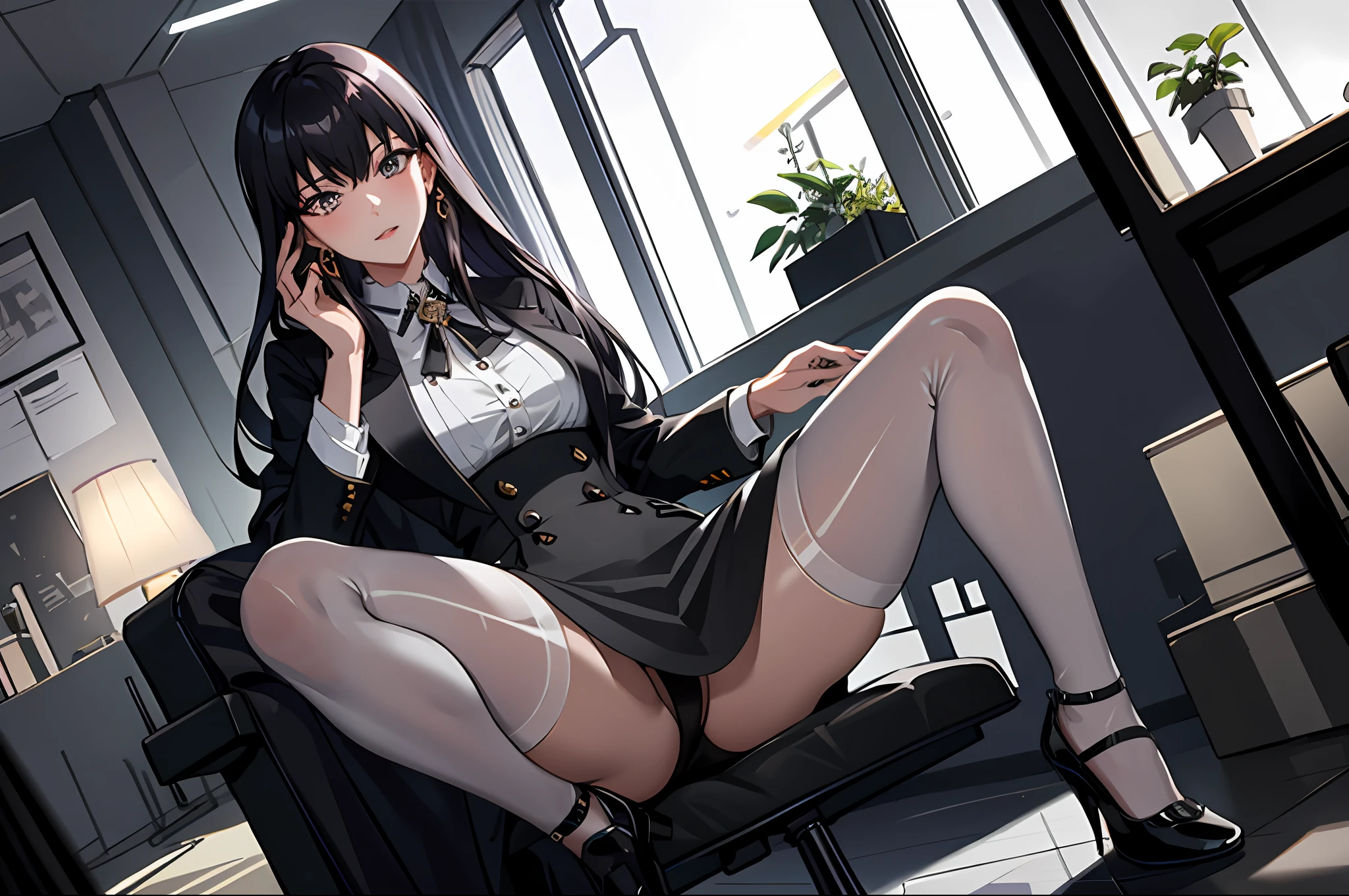 (masterpiece), best quality, highest quality, extremely detailed CG unity 8k wallpaper, detailed and intricate, original,highres,
\\
(16yo),extremely detailed_eyes, fingernails,sexy,breasts,
(eyeliner:0.5),(blush:0.5),black hair,hair pulled back, Folded tied hair,simple diamond earrings,detailed skin,
looking at viewer,solo,
(NSFW:1.3),Moist lips,
\\
office lady, suits, white shirt,striped miniskirt, (black pantyhose:1.1),black high heels, LV bags,(spread legs:1.3),
dynamic pose,sitting,lying,perfect anatomy,pov,
\\
indoors, office,glass & metal table,leather office chair, smartphone, macbook,
\\
(depth of field:1.5),li:0.1,realistic:1.3,
(ambient light:1),(cinematic composition:1.3),(neon lights:0.1),(HDR:0.1),Accent Lighting,side lighting,
(pantyshot:1),fish eye lens,