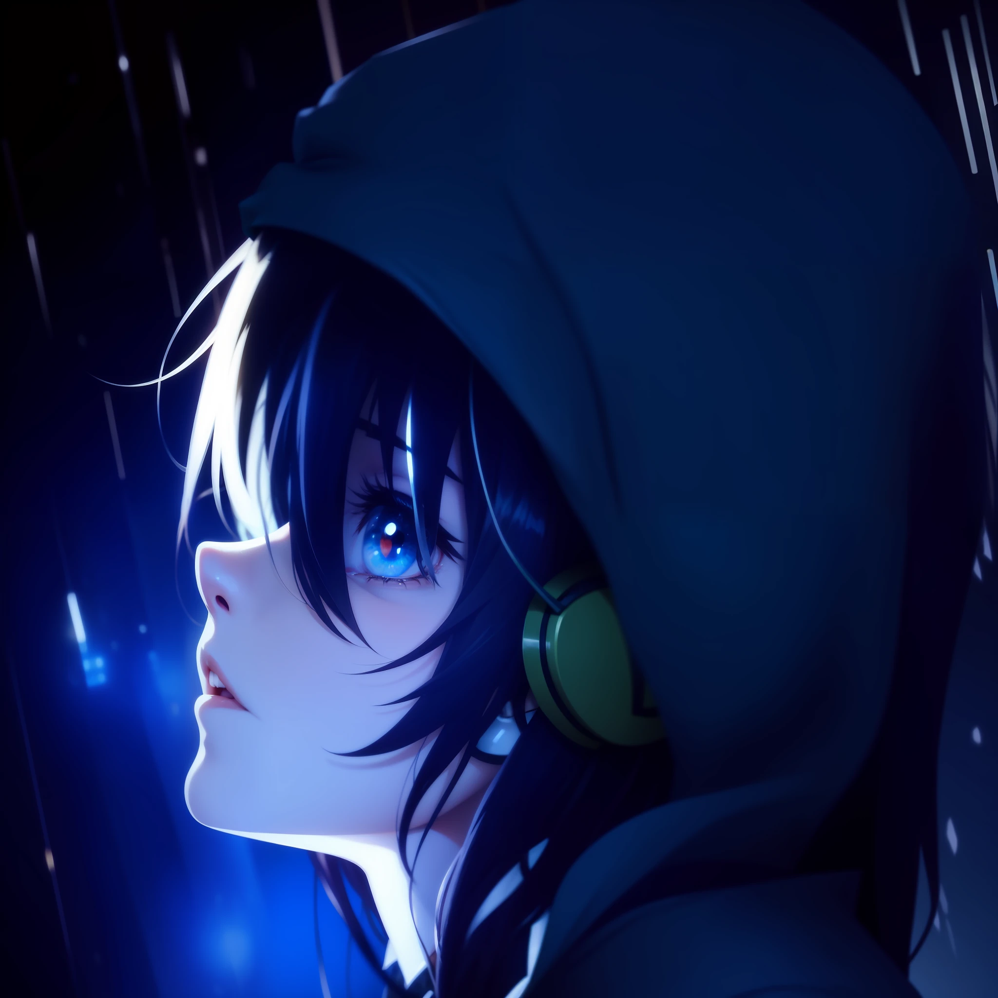 imagine, character, mascolino, anime, facing with long hair, like the death note anime character 'L' looking at the viewer, with blouse cap, underneath with headset --auto --s2