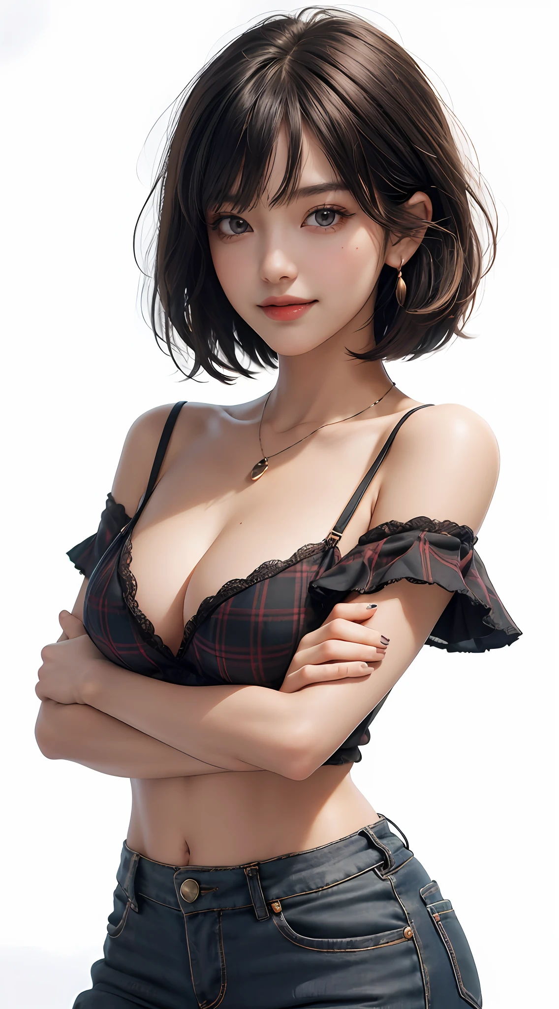 (Top Quality, 8k, Masterpiece: 1.3), Pretty Woman with Perfect Figure: 1.4, Dark Brown Hair, Wearing Pendant, Torn Shorts, Off Shoulder, Highly Detailed Face and Skin, Detailed Eyes, Double Eyelids, Best Quality, Masterpiece, (Photorealistic: 1.4), One Woman, Golden Ratio, Upper Eyes, Perfect Face, Beautiful Figure, Pretty Face, Zoom In on Face, Short Bob, Short HairSmile from different angles, smile, gloss, highlight, gloss, glossy on skin, glossy on skin, bangs, cute smile, teeth, bust, refreshing charm, elegant, perfect hands, smile, shiny, glossy skin, bangs, refreshing charm, ears, gaze to the camera, poses from various angles, masterpiece, highest quality, (fidelity, fidelity: 1.37), 8k, very sophisticated and beautiful, stunning, fine details, ridiculous, huge file size, very detailed, beautiful detailed woman, very detailed eyes and face, beautiful detailed eyes, clear double, big eyes, light on face, one woman, gray hair, (perfect female figure), thin waist, (charming monkey: 1), full body, uniform, plaid skirt, collared shirt, bare arms, abdomen, unbuttoned, bangs, short bob hair, skin luster, Female expression, smiling, overwhelming charm, ears, no lights, white background, light background, gloss on skin, gloss on face, gloss on chest, 2 arms, 5 fingers, very fine arms, very fine hands