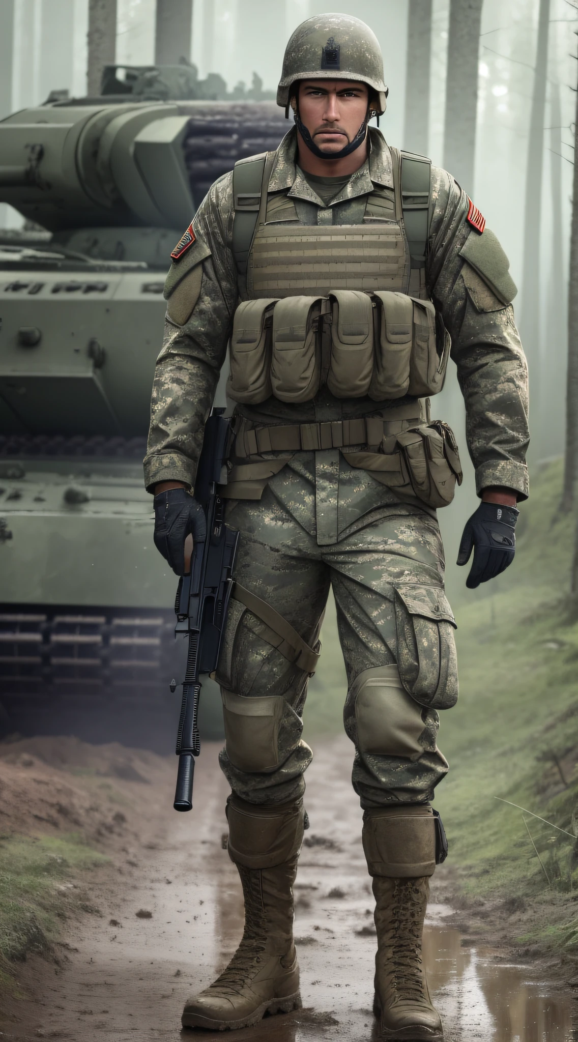 war soldier, (full body), with muddy clothing and a cold and gloomy look in his eyes, in the middle of the forest, and a war tank in the background, Social realism, Realism, ray tracing, reflection light, high quality, high details, super detail, 8k, 16k, best quality --auto --s2
