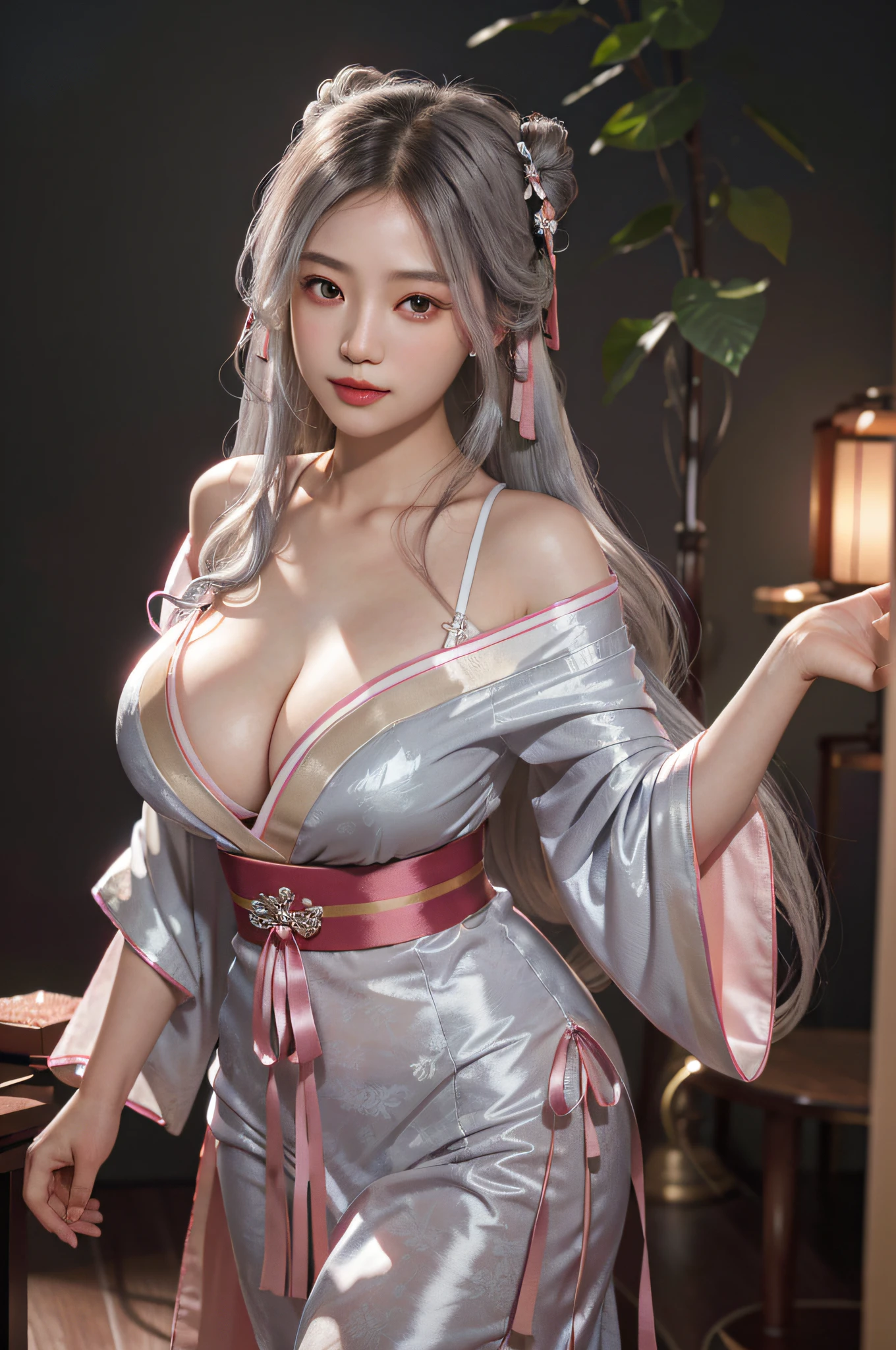 masterpiece, (photorealistic:1.5), realistic eyes, asian woman, best quality, beautiful lighting, professional lighting, photon mapping, radiosity, physically-based rendering,
kaguya shinomiya, 1girl, silver hair, hair ribbon, cleavage, huge breast,see through clothes, japanese clothes, kimono, long hair, multicolored hair, pink eyes, red ribbon, ribbon, very long hair, sky, ((aged up)),
(RAW photo, 8k uhd, film grain), random pose