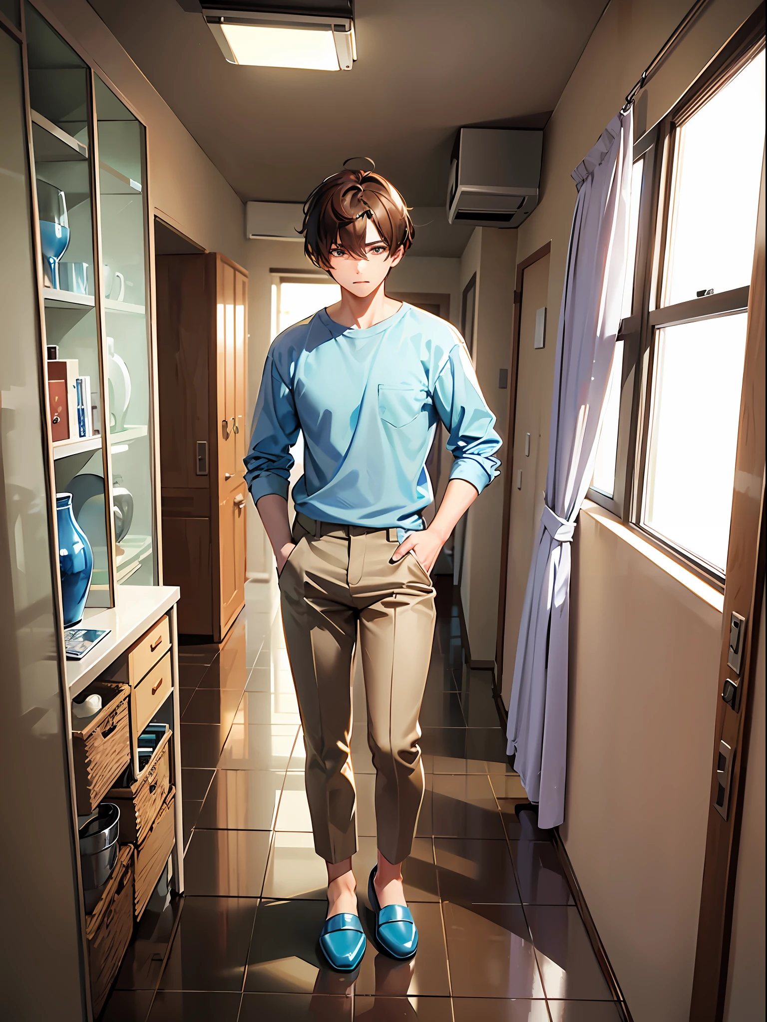 Short brown hair, open light blue shirt, brown clothes inside, beige pants, light blue slippers, indoors
