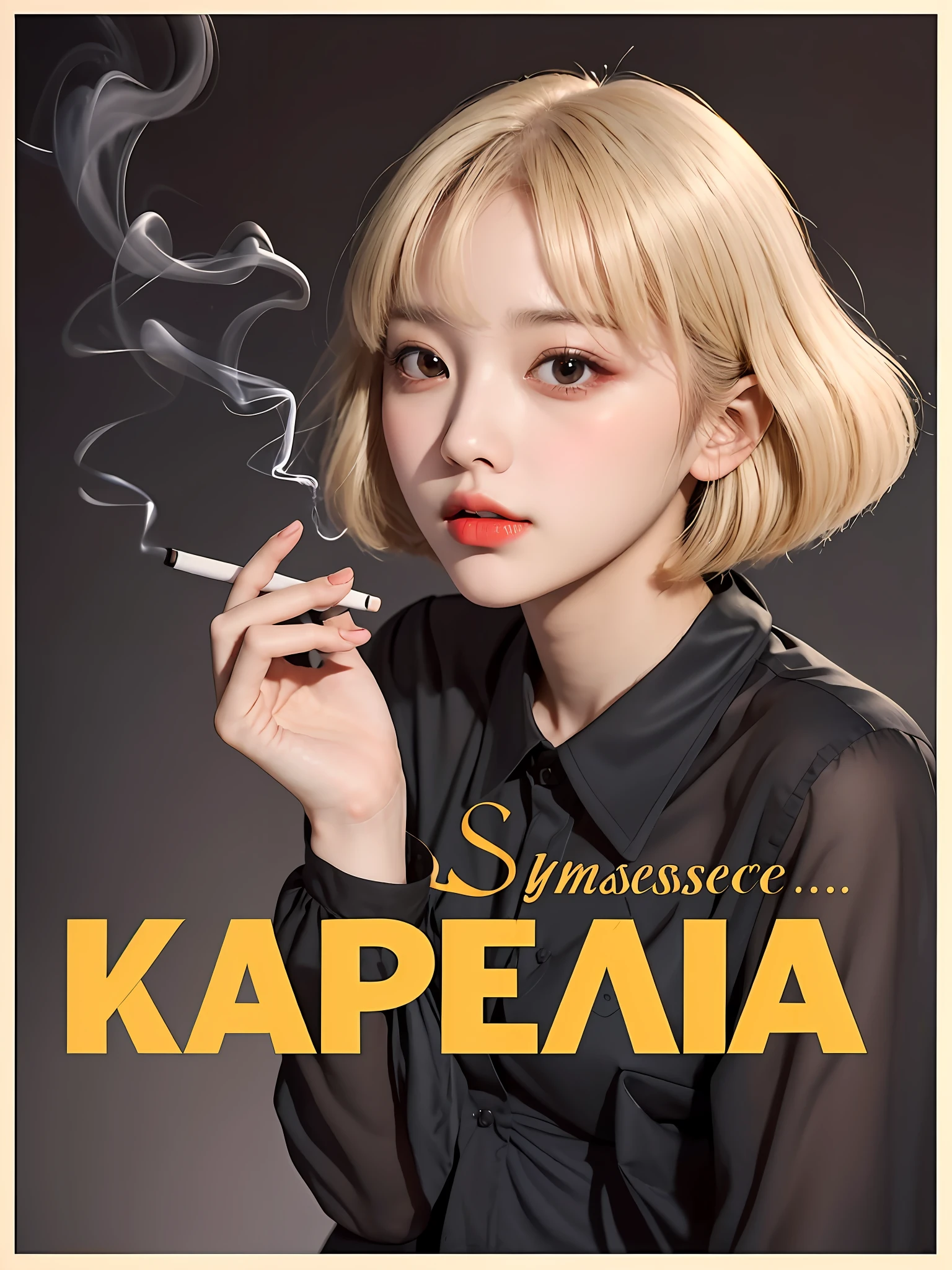 Masterpiece, Best Quality, (Dark Photo: 1.3), Realistic, 1girl, Flat Bangs, Smoking a Cigarette, Stunning Innocent Symmetrical Face, Shirt, Emotional, Ulzzang, (PureErosFace_V1:0.7)