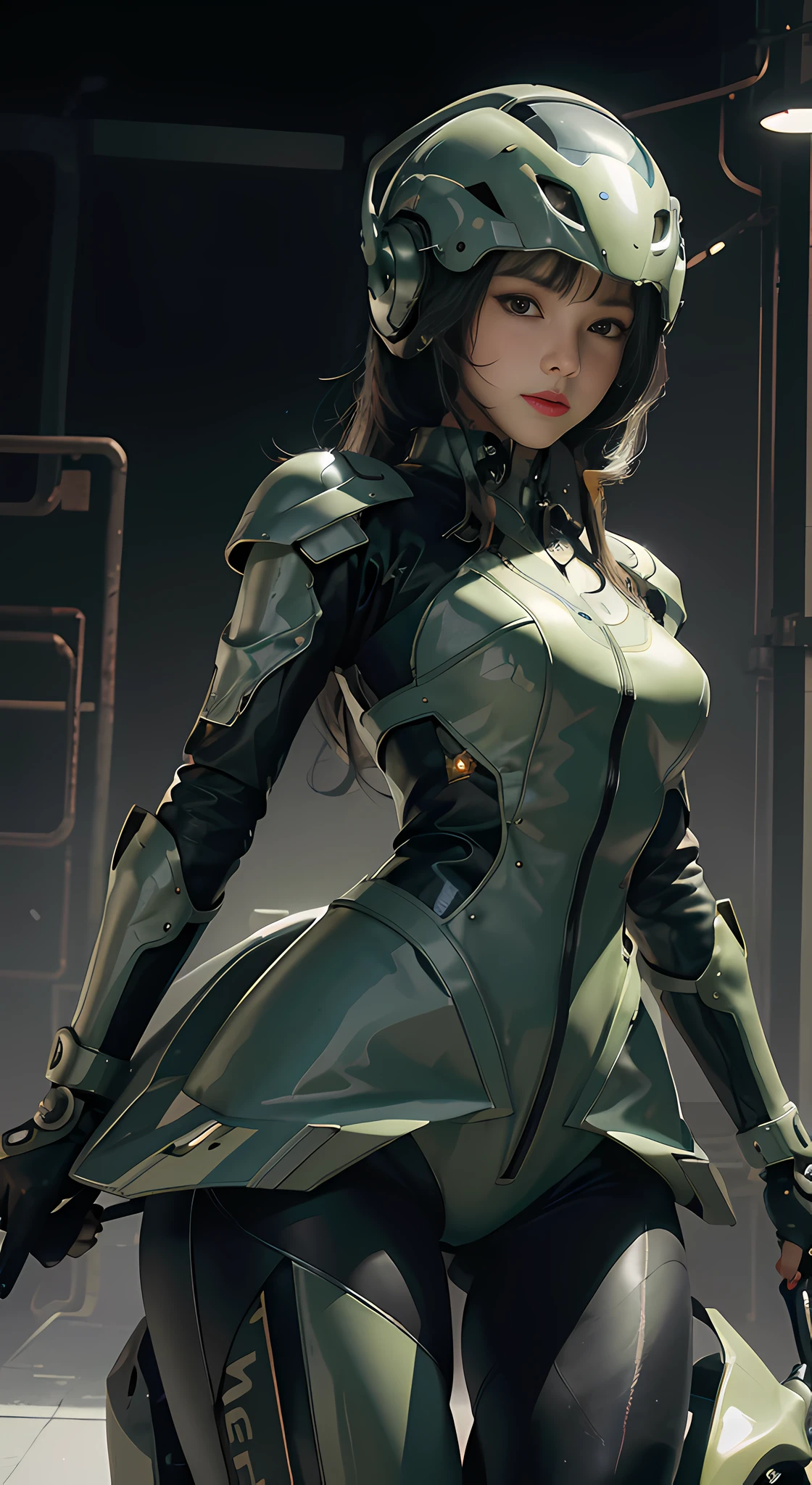 Highest image quality, outstanding detail, ultra-high resolution, (fidelity: 1.4), best illustration, black details, highly condensed 1girl, with a delicate and beautiful face, dressed in black mecha, wearing a mecha helmet, holding a direction controller, riding on a motorcycle, the background is a high-tech lighting scene of the future city.
