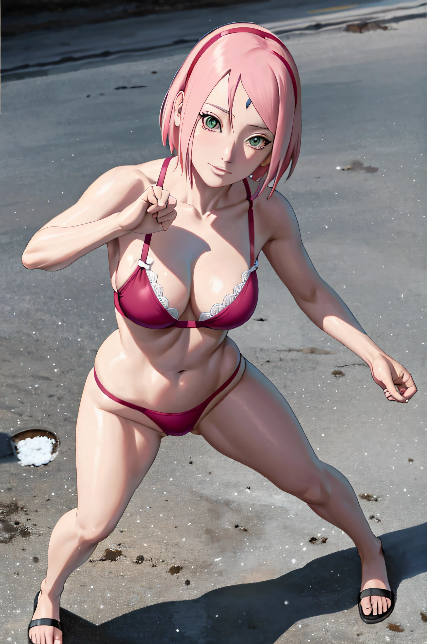 Sakura Haruno, open-legged pose, pov on top of her, with bra and black thong, before making love
