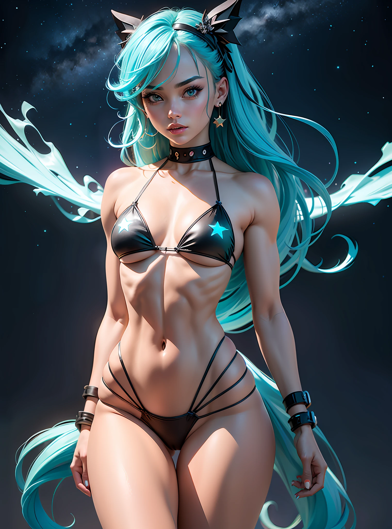 ((Best Quality)), ((Masterpiece)), ((Realistic)) and ultra-detailed photography of a girl with goth colors. She has ((turquoise hair)), wears a (small black micro-thong, black micro-bikini:star motif ) , ((beautiful and aesthetic)), muscular fit body abs, sexy, under-boobs, hot, (clear star filled sky background)
(clear background:1.35), (particles ,firefly, blue glowing):1.3,