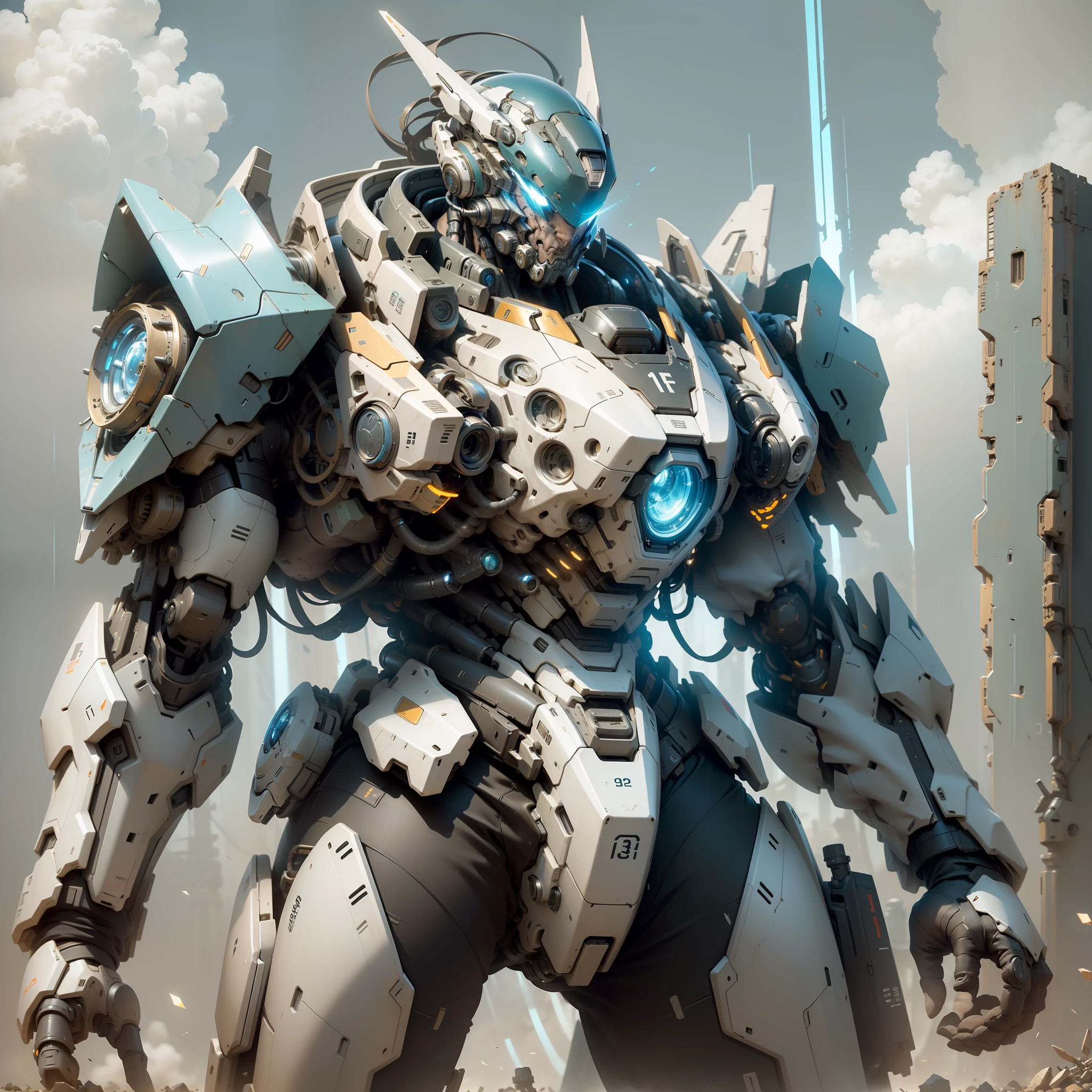 ((Masterpiece, Top Quality, Best Quality, Official Art: 1.2)), ((Game Concept Design, Tank Form: 1.5)) Very detailed, highest detail, high resolution, ((ultra-detailed)), deformed mech, light blue and white fuselage, vortex fan propellers on both shoulders, blue glowing eyes, threaded gun barrels, military giant mechs, missiles, rocks, futuristic technology, realism, cyberpunk, rule of thirds, cinematic lighting, saturated contrast, (simple background, Solid background: 1.3)
