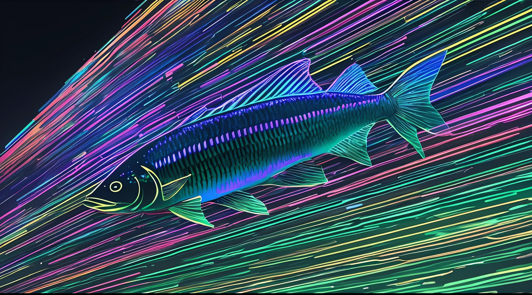 Best quality, masterpiece, a bunch of digital holographic projected fish, digital particleization, technology, futuristic, all black gradient background, --auto --s2