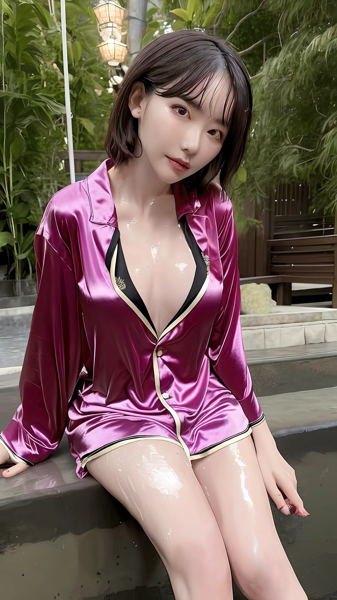 Best quality, best image quality, highest resolution, super detailed, wearing satin pajamas, the material of satin pajamas is shiny, soft and smooth to the touch, no underwear is worn, Chest is C cup, Japan fashion model, full body shooting so that the face can also enter, the subject is alone, taken outdoors, soaking wet, sweaty,