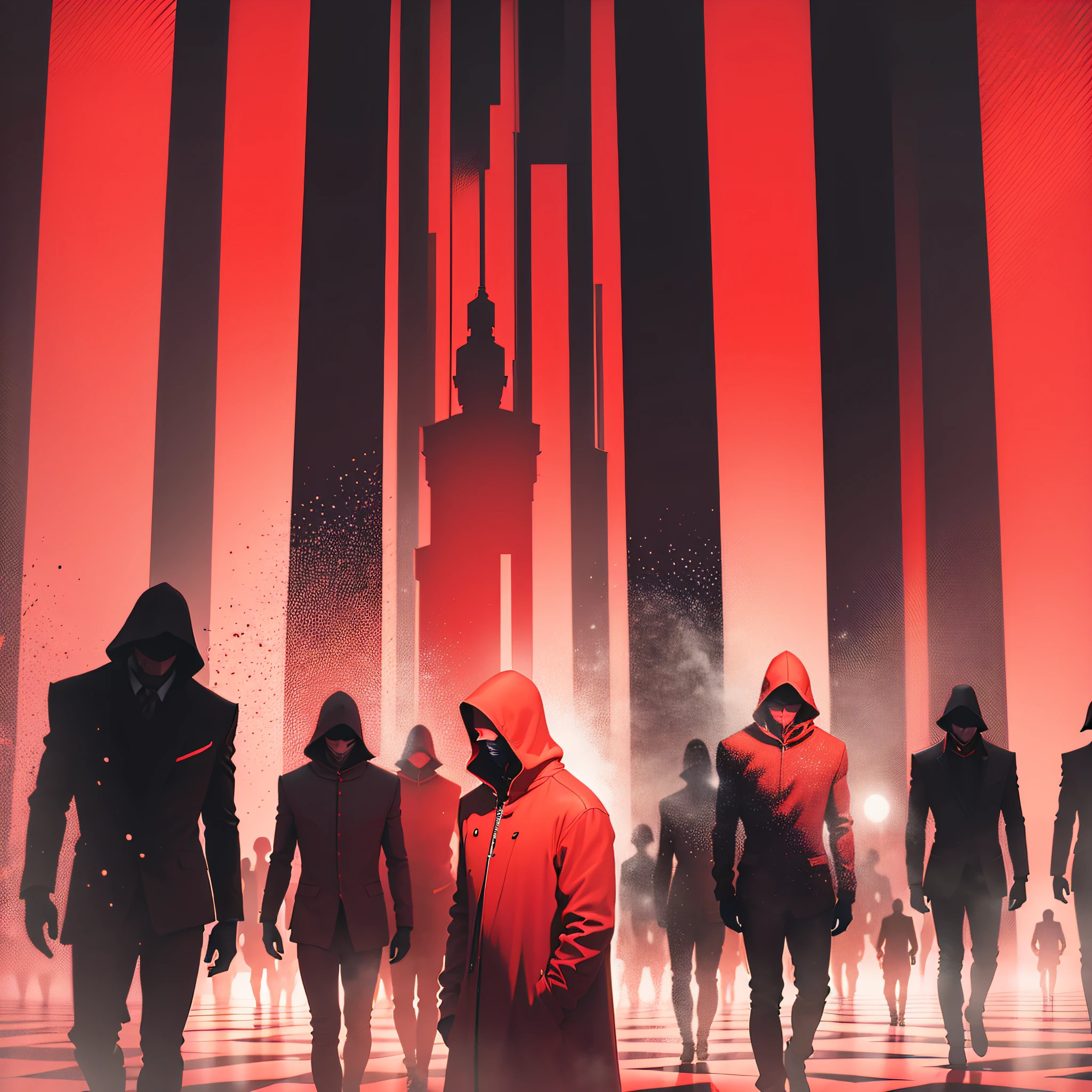 ( best quality ) create an image with 8 men in vector in the shadows with red background --auto --s2