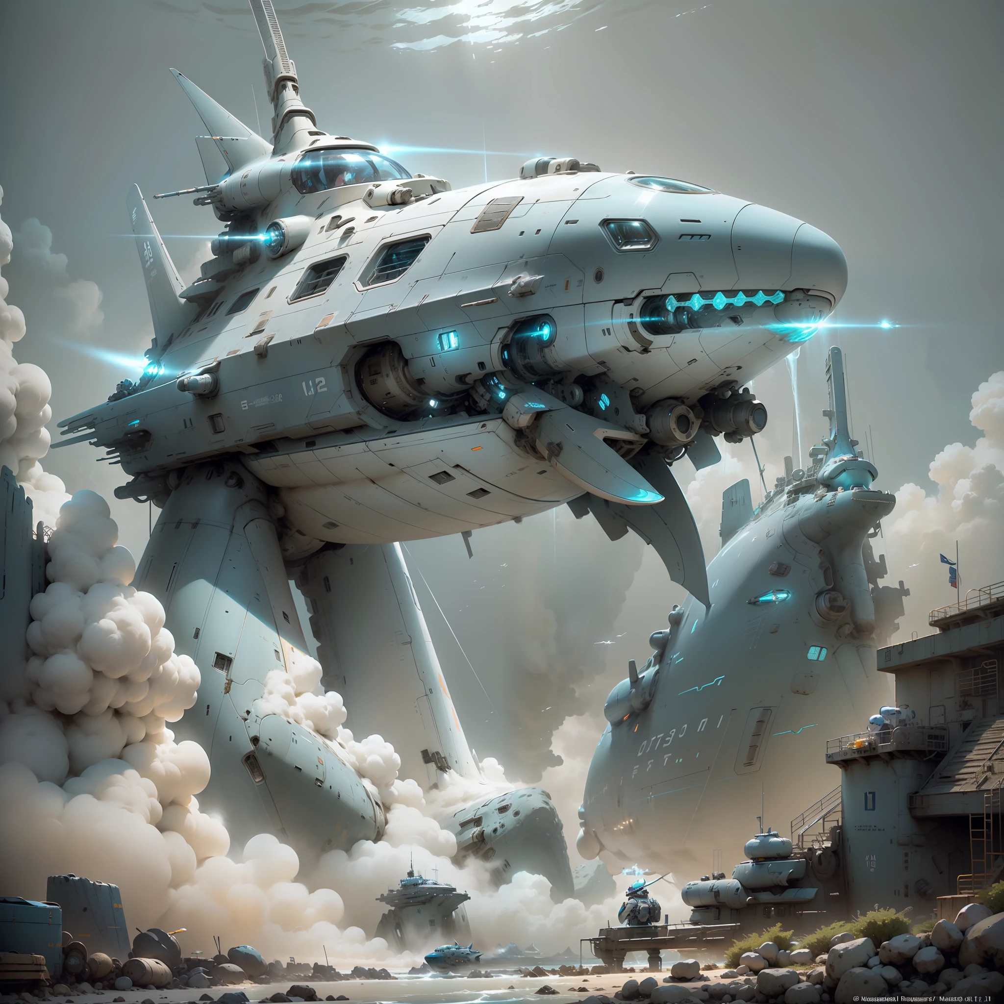((Masterpiece, Top Quality, Best Quality, Official Art: 1.2)), ((Game Concept Design, Light Blue & White, Submarine: 1.5)) Very detailed, highest detail, high resolution, ((ultra-detailed)), underwater, marine, submarine, futuristic technology, realism, cyberpunk, rule of thirds, cinematic lighting, saturated contrast, (simple background, solid background: 1.3)