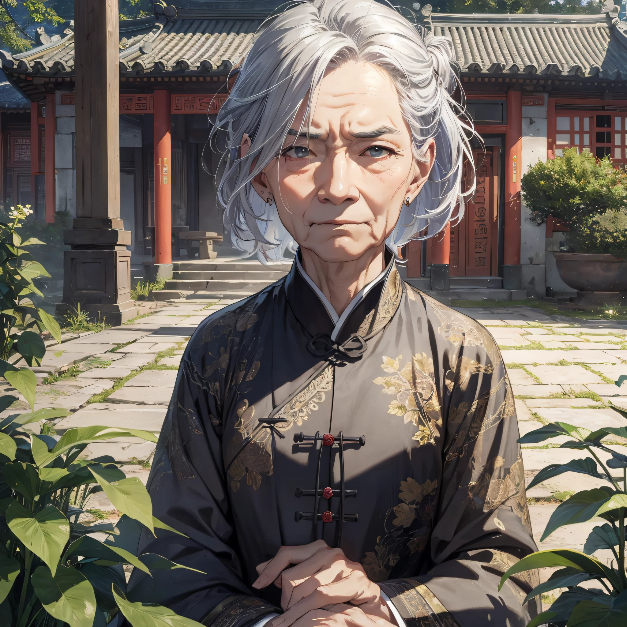Absurd resolution, high resolution, (masterpiece: 1.4), hyper-detail, night, ancient China, mansion, gray-haired eighty-year-old female old man (1.5) sad expression
