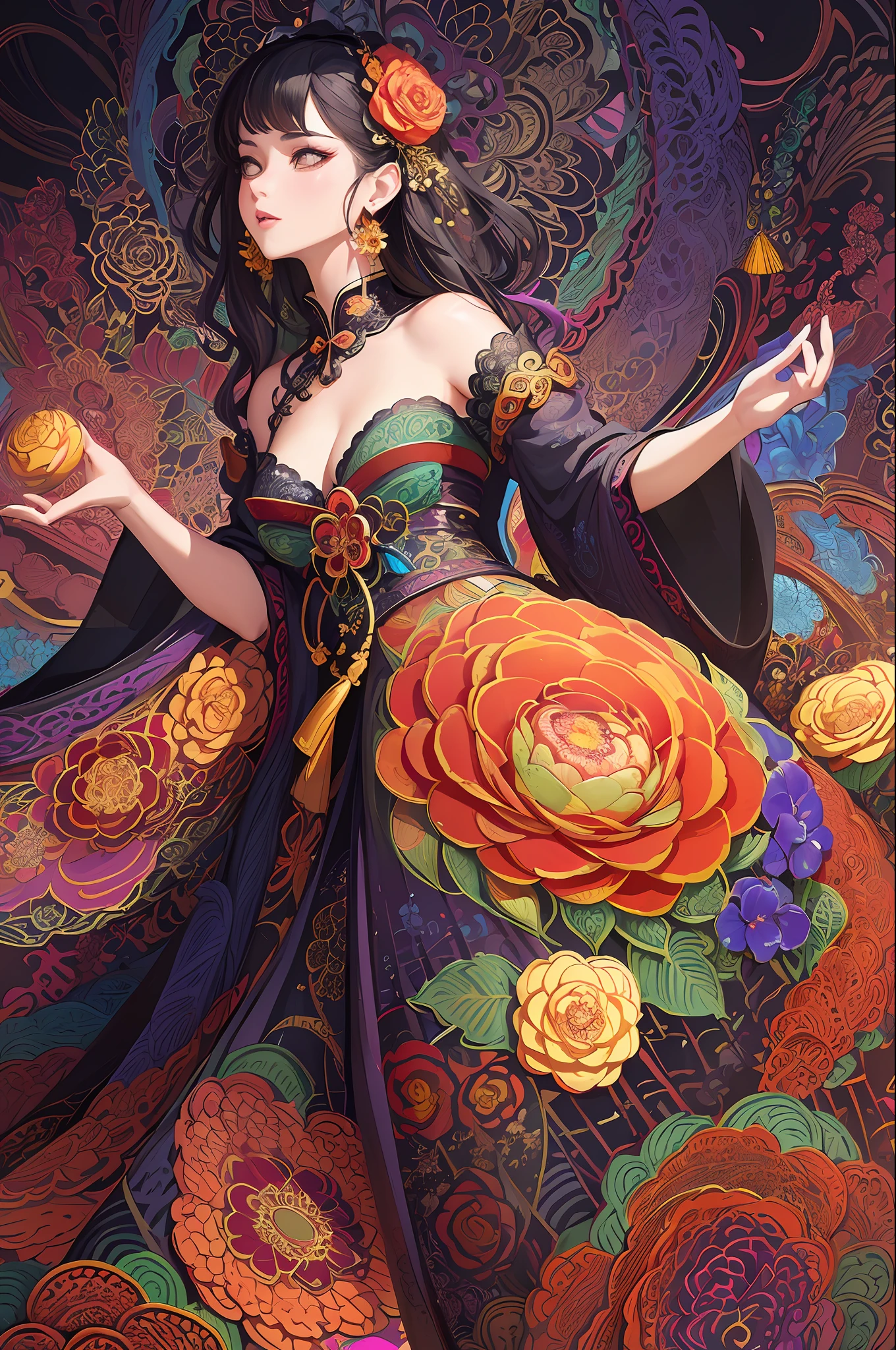 (masterpiece, top quality, best quality, official art, beautiful and aesthetic:1.2), (1girl:1.3), extremely detailed,(fractal art:1.1),(colorful:1.1)(flowers:1.3),highest detailed,(zentangle:1.2), (dynamic pose), (abstract background:1.3), (chinese Traditional cloth:1.2), (shiny skin), (many colors:1.4), ,(earrings:1.4),