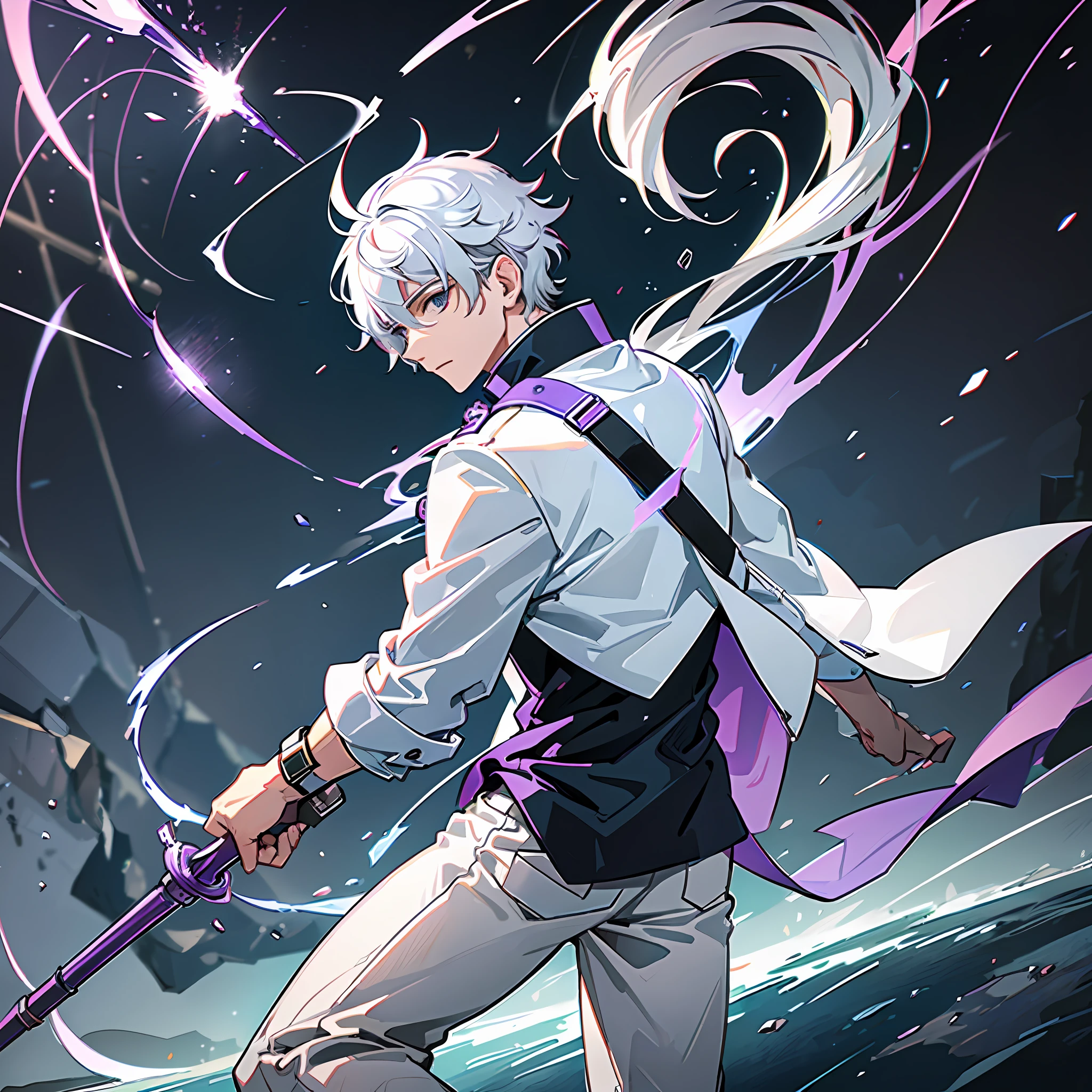 An adult man, wearing a white jacket and pants, short white hair, in a swamp, fighting enemies, with a divine staff, with purple element lighting