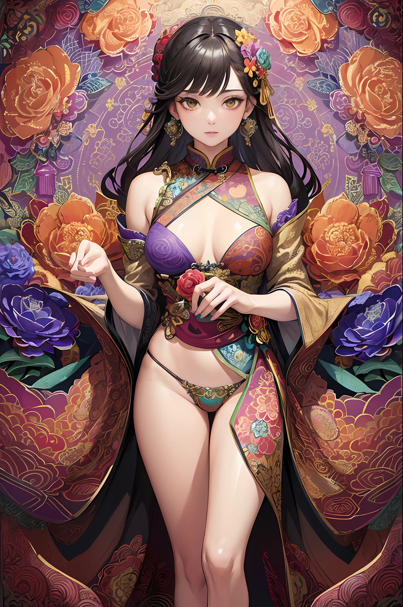 (masterpiece, top quality, best quality, official art, beautiful and aesthetic:1.2), (1girl:1.3), extremely detailed,(fractal art:1.1),(colorful:1.1)(flowers:1.3),highest detailed,(zentangle:1.2), (dynamic pose), (abstract background:1.3), (chinese Traditional cloth:1.2), (shiny skin), (many colors:1.4), ,(earrings:1.4),
