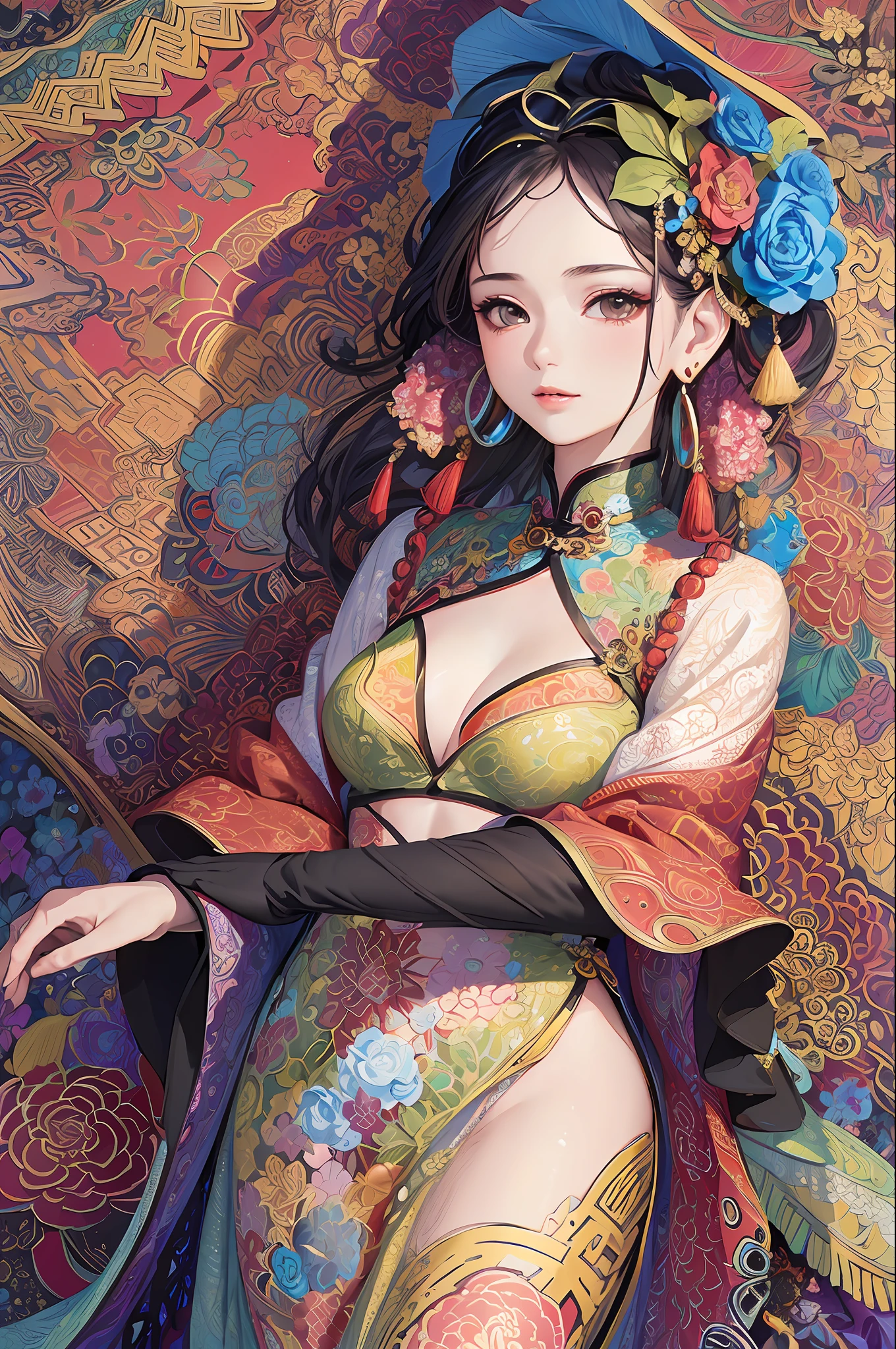 (masterpiece, top quality, best quality, official art, beautiful and aesthetic:1.2), (1girl:1.3), extremely detailed,(fractal art:1.1),(colorful:1.1)(flowers:1.3),highest detailed,(zentangle:1.2), (dynamic pose), (abstract background:1.3), (chinese Traditional cloth:1.2), (shiny skin), (many colors:1.4), ,(earrings:1.4),