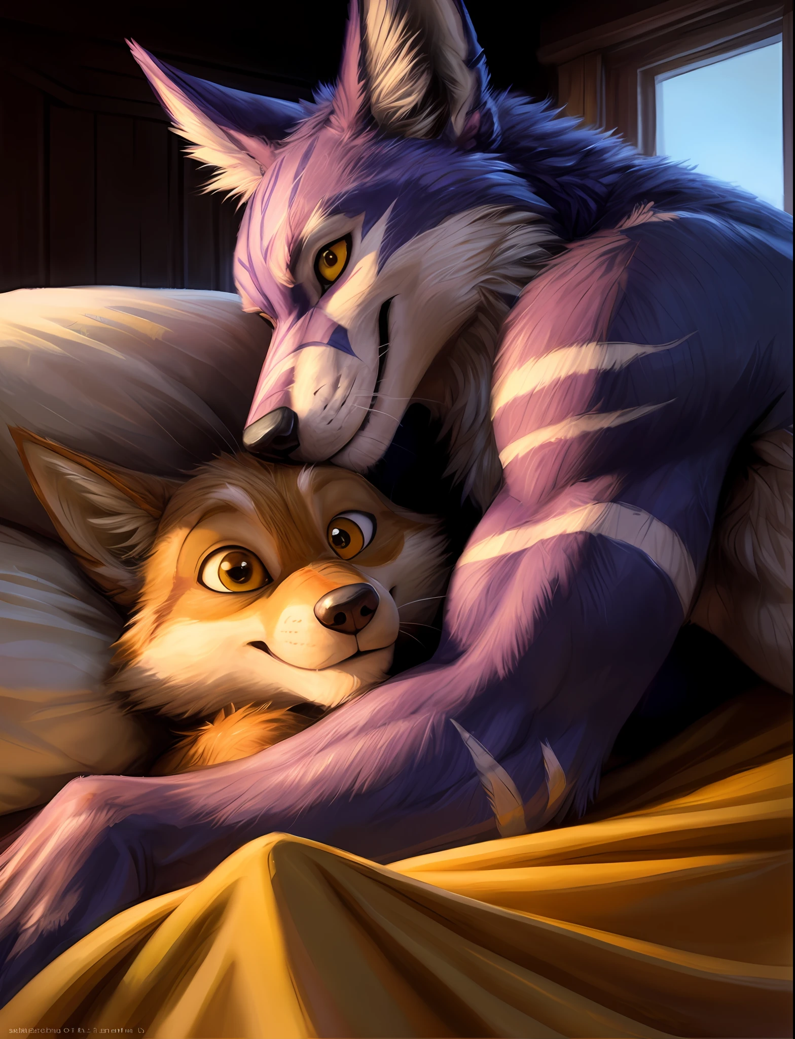 uploaded on e621, (by Kenket:0.4),(by Arthur Lismer:0.6), (by pixelsketcher:0.8), muscular, (male:1.3) Weregarurumon , fluffy furry wolf, cuddling, human man, 2boys, adorable, loving, romantic, contempt expression, smiling, ,BREAK, upper body shot, wide shoulders, small hips, buff, (cuddling:1.2) in bed, smiling, body fur, lying, blanket, from side, close-up, (size difference:1.3) background in the style of studio ghibli, cinematic lighting, scars, award winning movie, romance, intimate, absurdres, (detailed yellow pixar eyes:1.2), (detailed fur:1.2), small ears, 8k hdr, human on furry, (hyperrealistic:1.1), (photo:1.2), photorealistic, sharp focus, global illumination, backlighting, subsurface scattering, unreal engine 5,