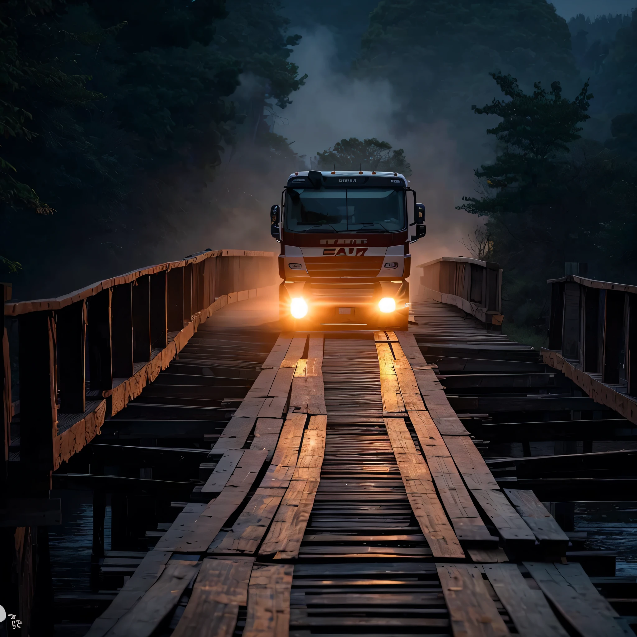 a truck passing on a makeshift wooden bridge and dangerous at night and with fog