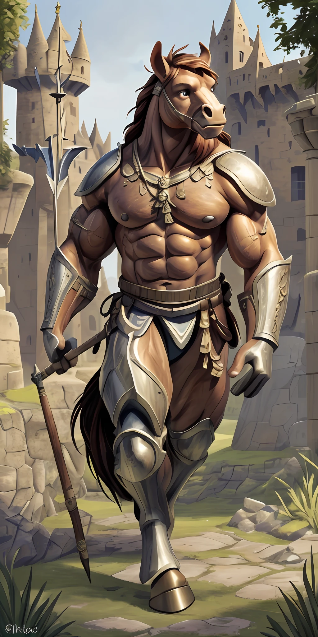 Top Quality, Castle, Gatekeeper (Highly Detailed Beautiful Face and Eyes) absurdres, Perfect Anatomy ((Beastman, Solo Focus)) (Anthro: 1.7) ((Horse Facial Features, Horse Body Features)) (Dense and Detailed Muscles)) Full Body (Fighting Pose) Armor, Spear, Medieval Warrior,