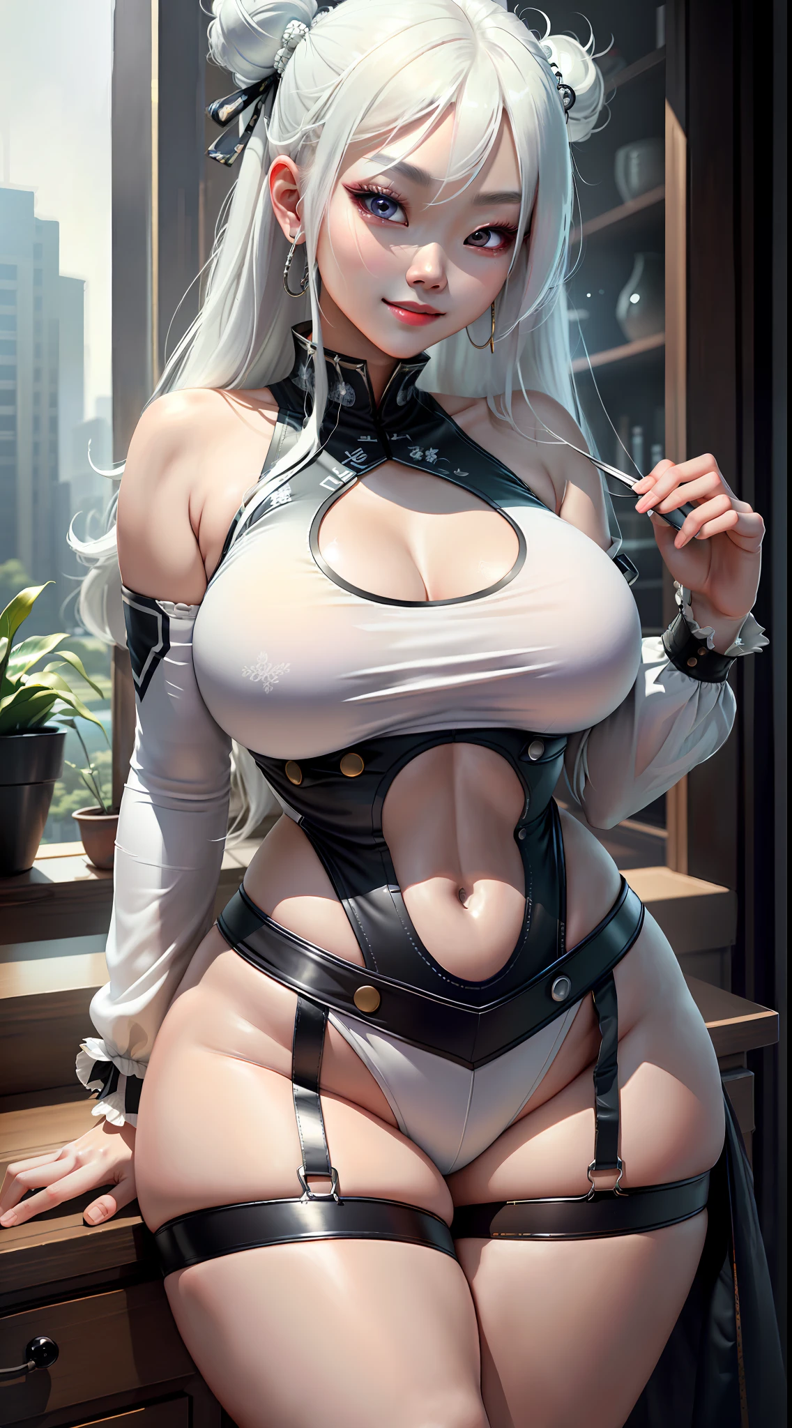 Masterpiece, maximum quality, ultra high resolution, 8k, Korean girl (extremely beautiful), white hair, full body, thin, detailed face, detailed eyes, mischievous smile, wide hips, thick thighs, smooth and soft pellet, wearing micro shorts and micro tank top