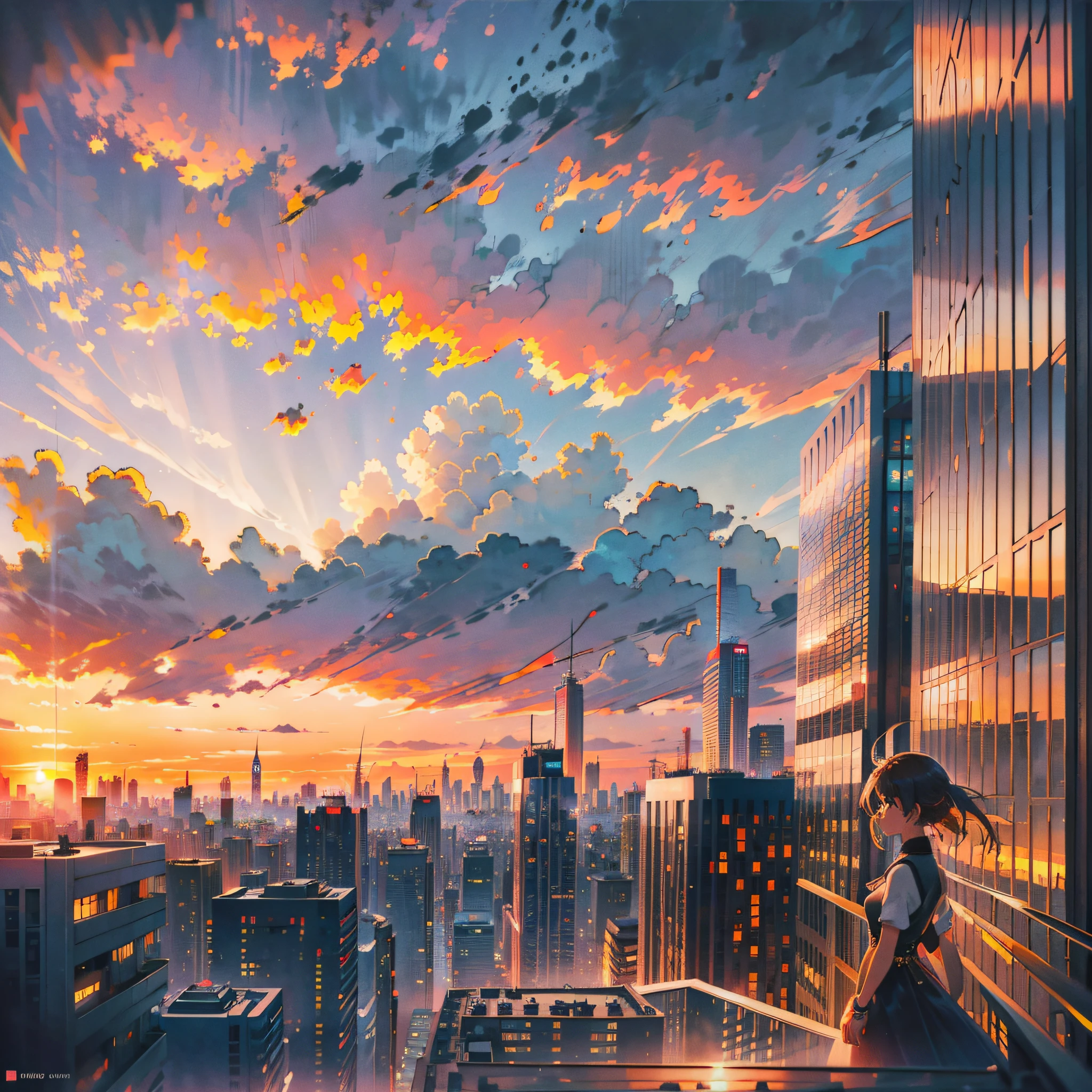 ((Focus on Vista + Sunset), Elegant Dress, Brunette Girl, Hazy + Distant City, Clouds in the Distance, Blurred Figures, Two-Dimensional Style AND Extreme Sunset, Distant City, Masterpiece Level, Small Scale Characters) --auto --s2