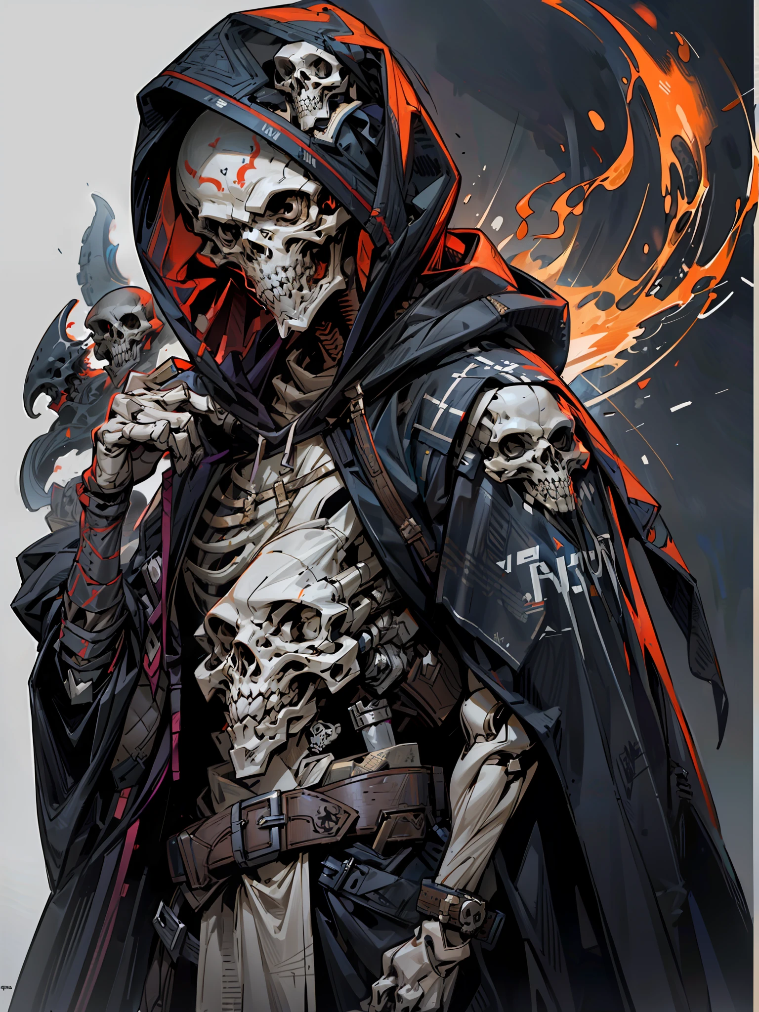 hood, skull, skeleton, solo, 1boy, male focus, fire, robe, hood up, cloak, upper body, copyright name, black background,skull face,skull tattoo on facezdeath,soul,soul reaper , holding a syth,syth welder,no visible face, full armor