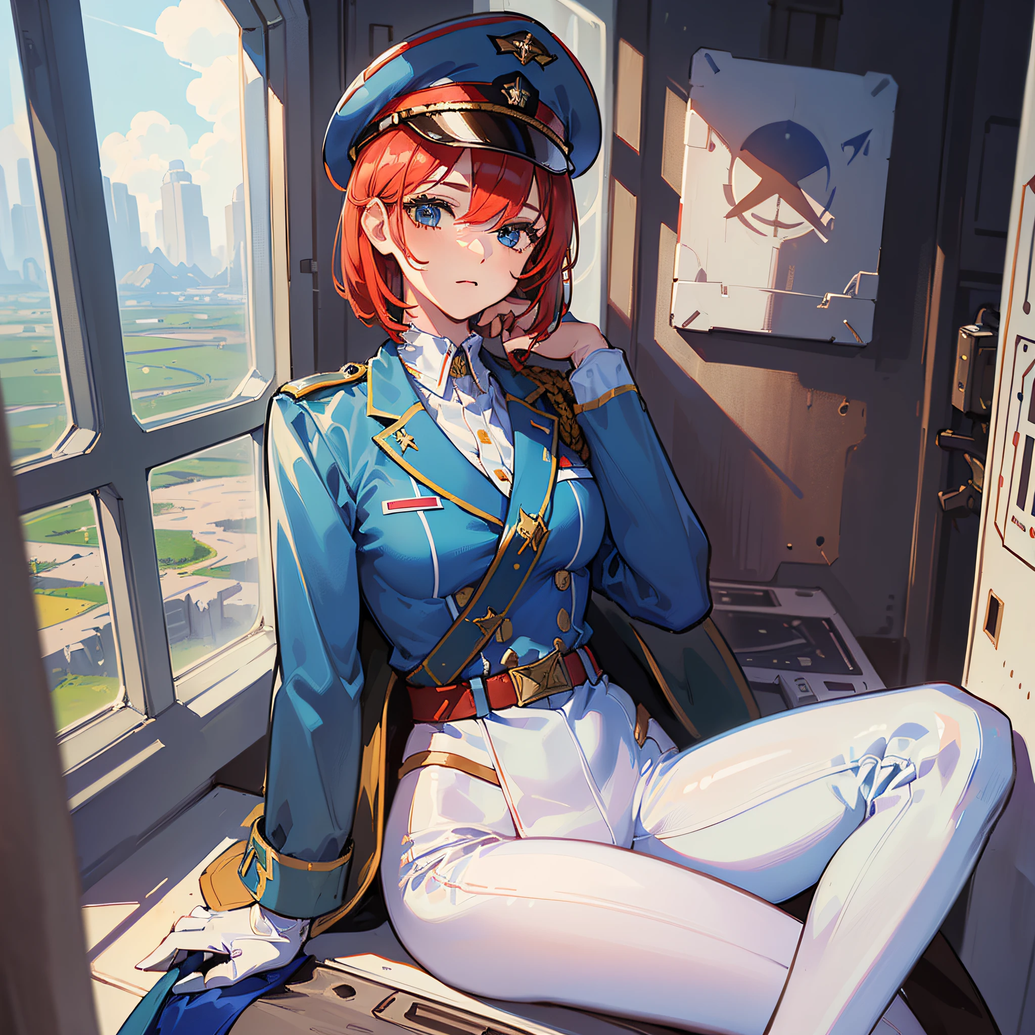 ((Masterpiece)), ((Best Quality)), ((Best Quality)), (Illustration of a Girl), Full Body, Short Red Hair, (Thin Hair Hanging On Both Sides of Face), Blue Eyes, (((Tall)), Muscular Strong Body, Manspreading, (((Military Uniform)), (Military Hat)), (White Clothes), (White Pants), (White Hat), ((Inside the Spaceship)), (Outside the Window, Space)