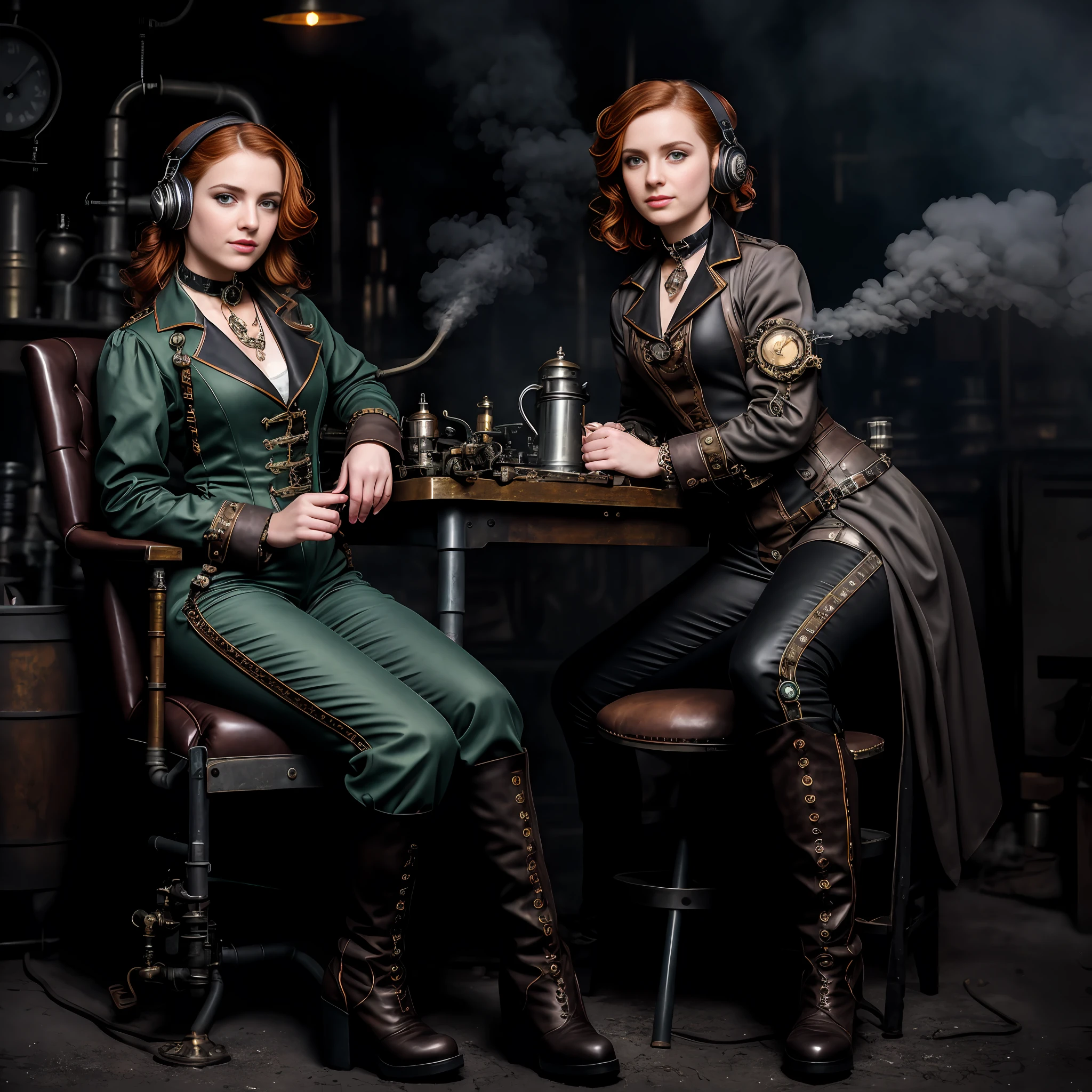 hyper photorealism, perfect anatomy, realistic character, very high contrast lighting, cinematic lighting, dramatic lighting, profile, shot from the back, shot from below, (((a girl on a chair is repairing a machine in the steamy smoky workshop))), (a 19 yo girl, (Ana de Armas:0.70), (redhead:1.1)), very cute and smiley, (perfect eyes:1.1), photorealistic wavy hair, a girl in a steampunk jumpsuit in light gray color, intercom headset, steampunk choker, long leather boots, perfect detailed face, detailed symmetric green eyes with circular iris, fixing a steam engine in the steampunk garage filled with steam and smoke, cogs and gears, steamy background with lots of steam pipes and steam valves and pressure gauges and gears, intricate background, very highly detailed costume, very highly detailed background, steampunk fantasy style, steampunk , steampunk aesthetic, steamy, Canon 5D, f1.8 lens