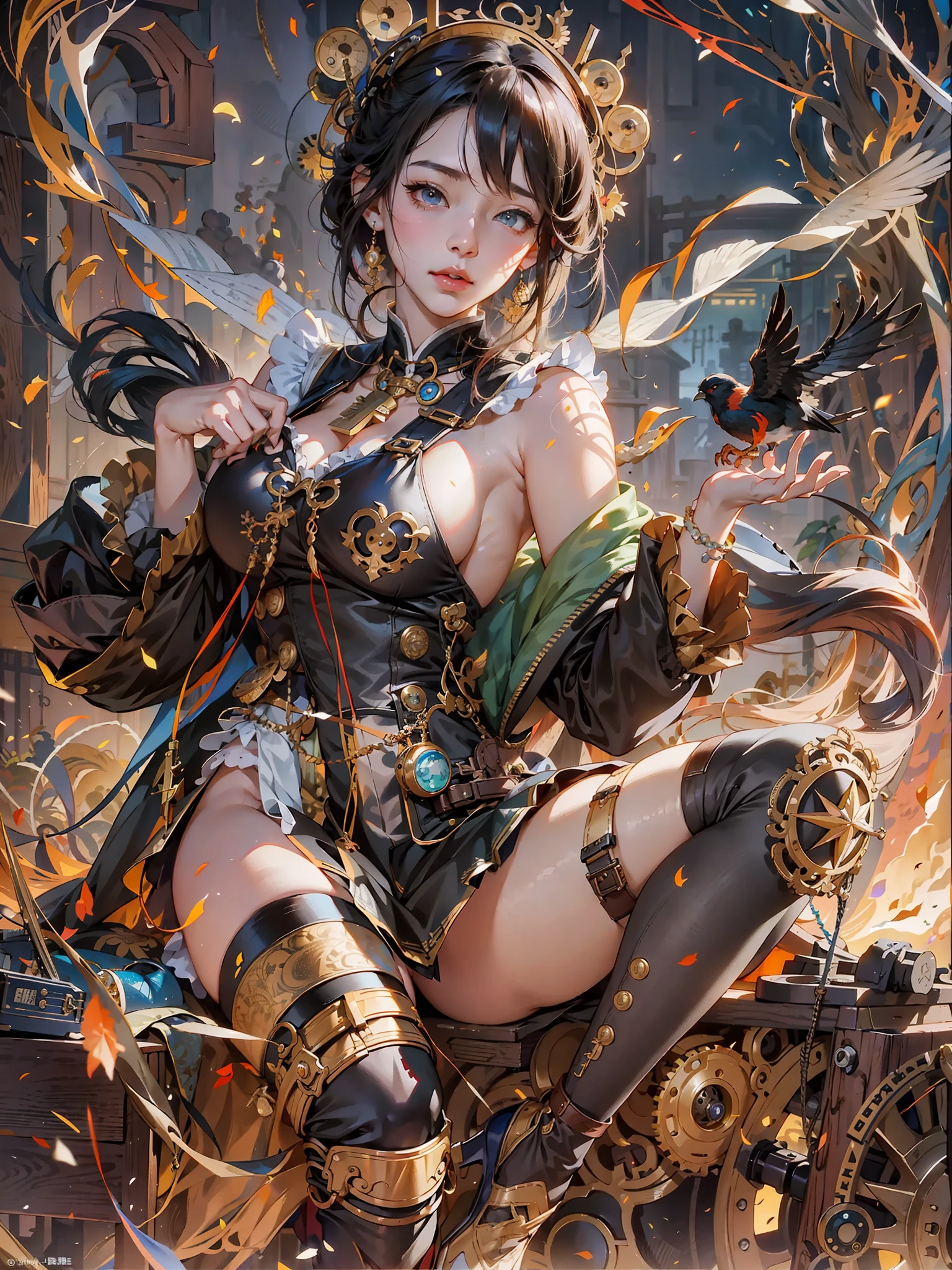 anime girl with a large breast sitting on a chair with a bird, by Yang J, guweiz on artstation pixiv, guweiz on pixiv artstation, extremely detailed artgerm, steampunk beautiful anime woman, fanart best artstation, ig model | artgerm, cushart krenz key art feminine, trending on artstation pixiv