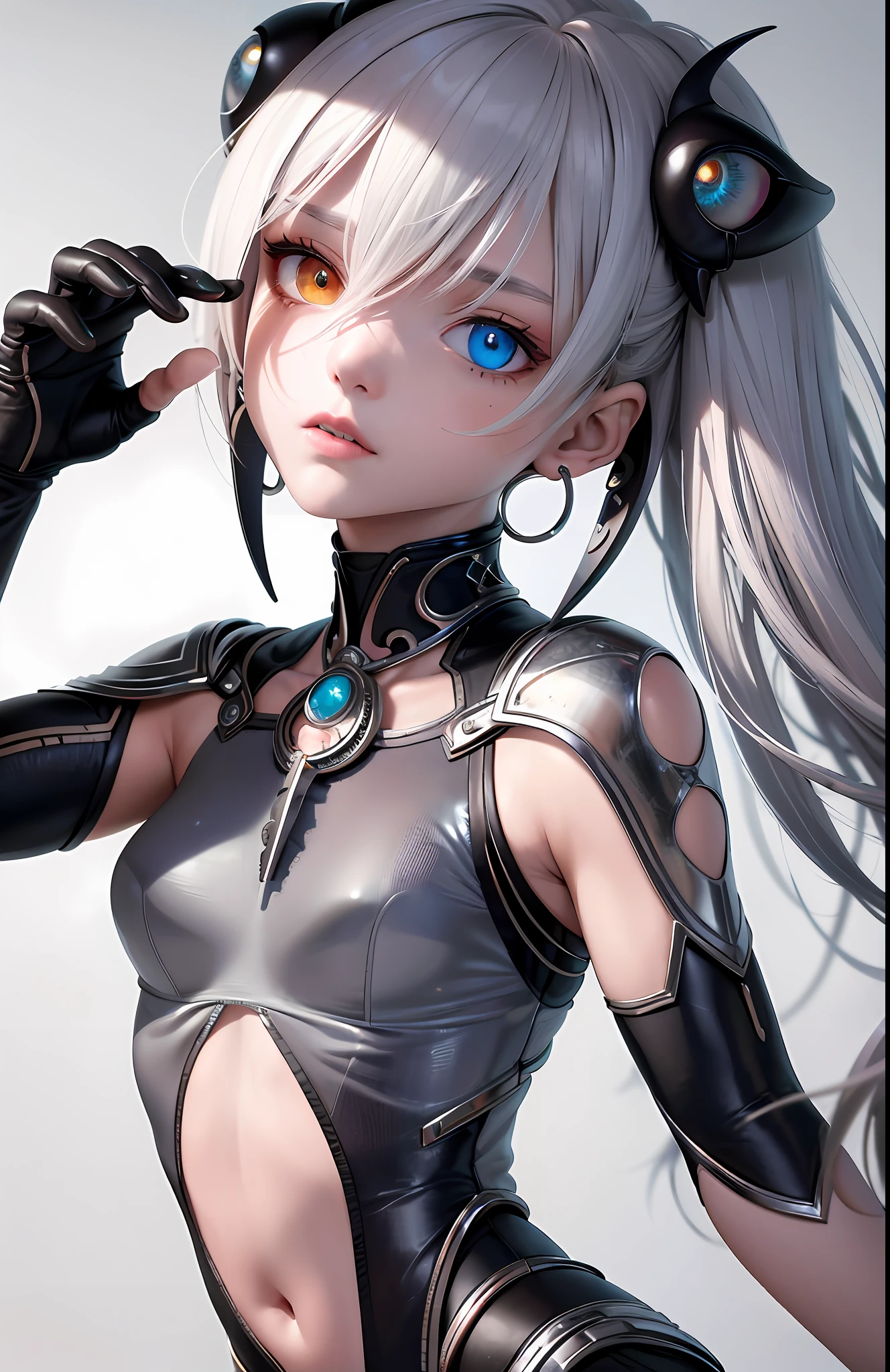 Best, Masterpiece, High Resolution, Best Quality, Ultra HD, Super Detail, Award-Limited, 16k, (Upper Body), Anatomically Correct, Beautiful Maiden, Gray Hair, Hair, ((Heterochromia)), Hanging Eye Corners, Fair Skin, (Small), (Slim Body), ((pilot_suit)), Stud Earrings, (Neck Rings), (Very, Very Short Short Glove)