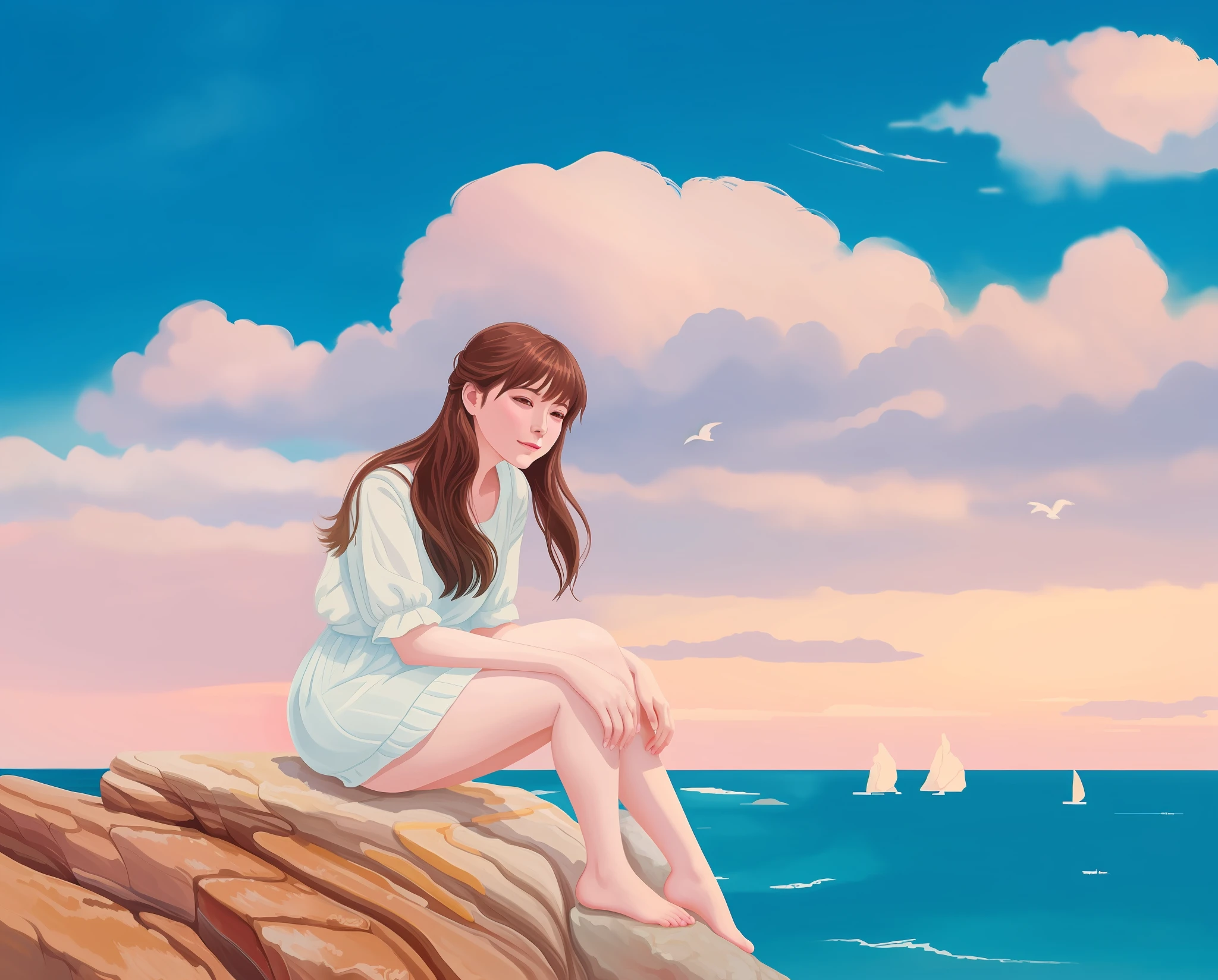 painting of a woman sitting on a rock looking out at the ocean, in the art style of bowater, made with anime painter studio, serene illustration, painted in anime painter studio, beautiful girl on the horizon, dreamy illustration, blurry and dreamy illustration, blurred and dreamy illustration, in style of digital painting, dreamlike digital painting, watercolor digital painting, girl watching sunset