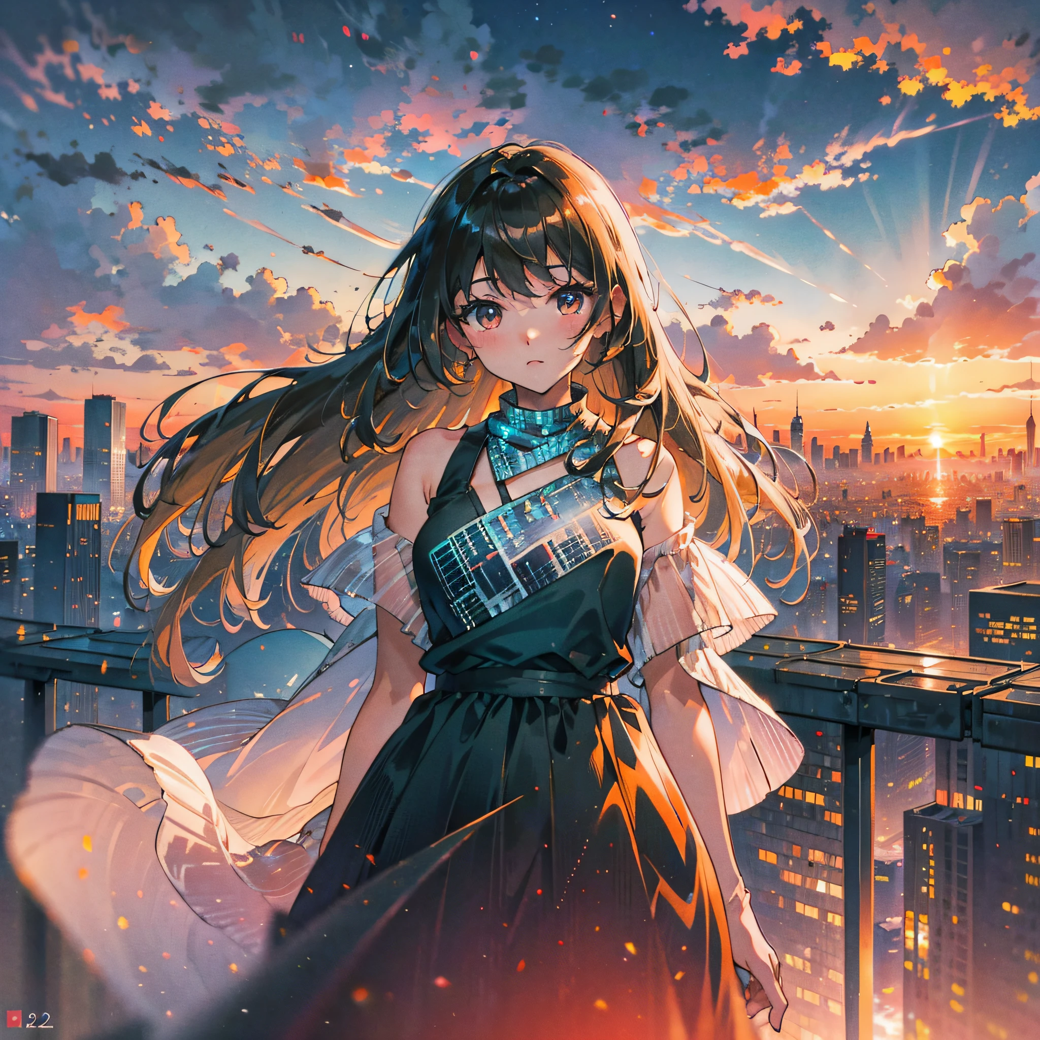 ((Focus on Vista + Sunset), Elegant Dress, Brunette Girl, Hazy + Distant City, Clouds in the Distance, Blurred Figures, Two-Dimensional Style AND Extreme Sunset, Distant City, Masterpiece Level, Small Scale Characters) --auto --s2