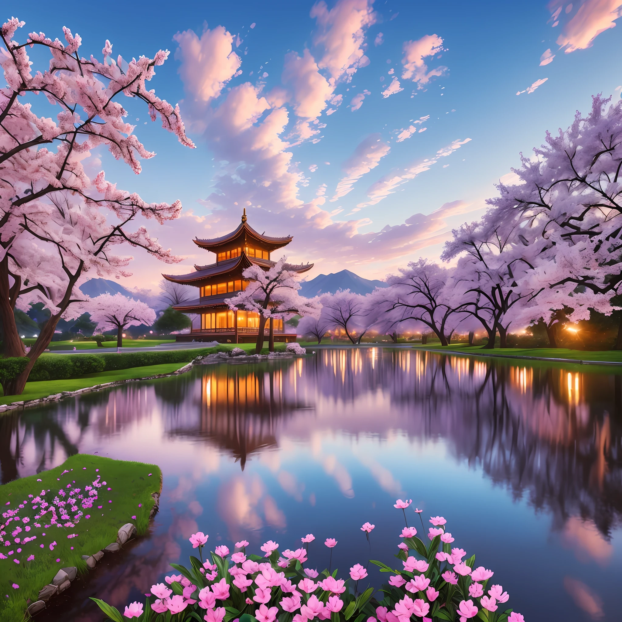 A beautiful painting of a beautiful view of the Chinese palace, The boundless peach blossom pool is thousands of feet deep, many many peach trees and peach blossoms cover the entire crystal clear lake, shrouded in clouds and mist, pink clouds float in the sky, above ultra-wide angle, Thomas Kinkade, dreamlike, 4K, romantic, trends on Artstation --auto --s2