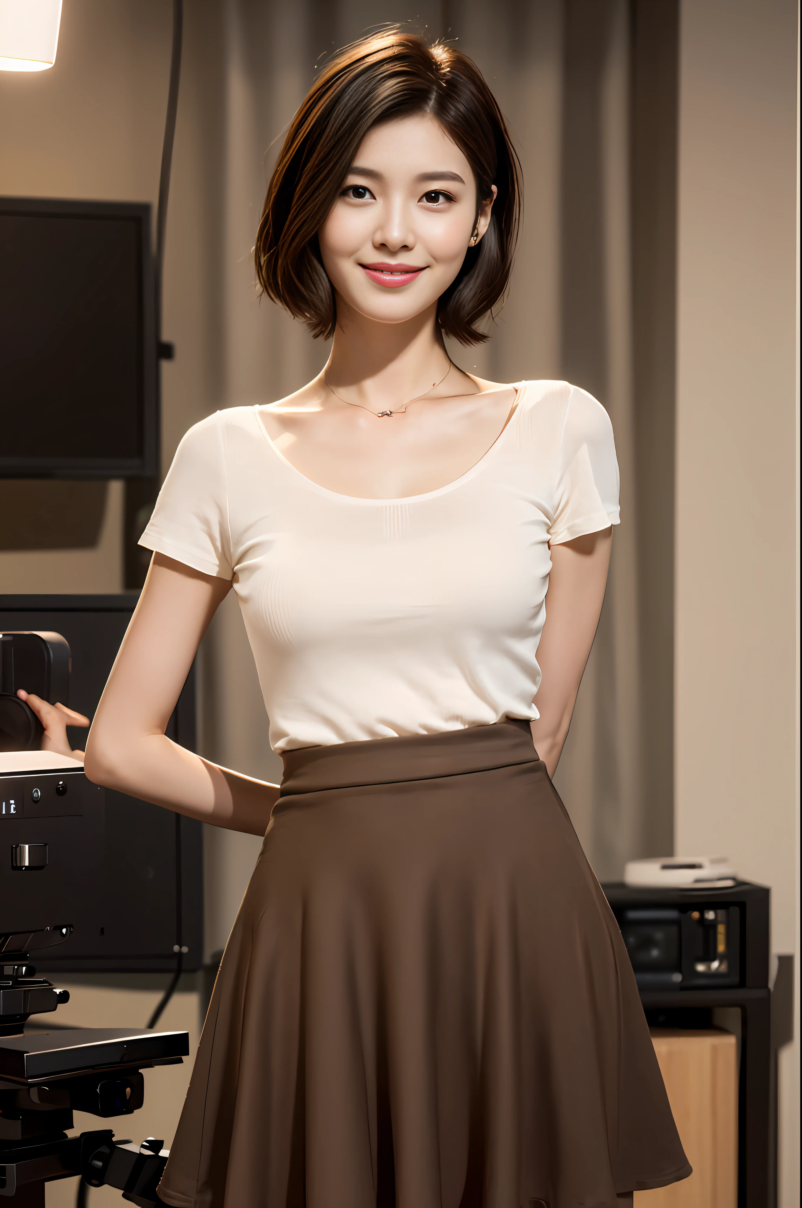 ((Realistic lighting, Best Quality, 8K, Masterpiece: 1.3)), Clear focus: 1.2, 3D rendering, cinematic lighting, 1girl, Perfect beauty: 1.4, ((Black brown hair, short hair)), (Long skirt: 1.4), (In the live room: 1.8), Super fine face, fine eyes, smile