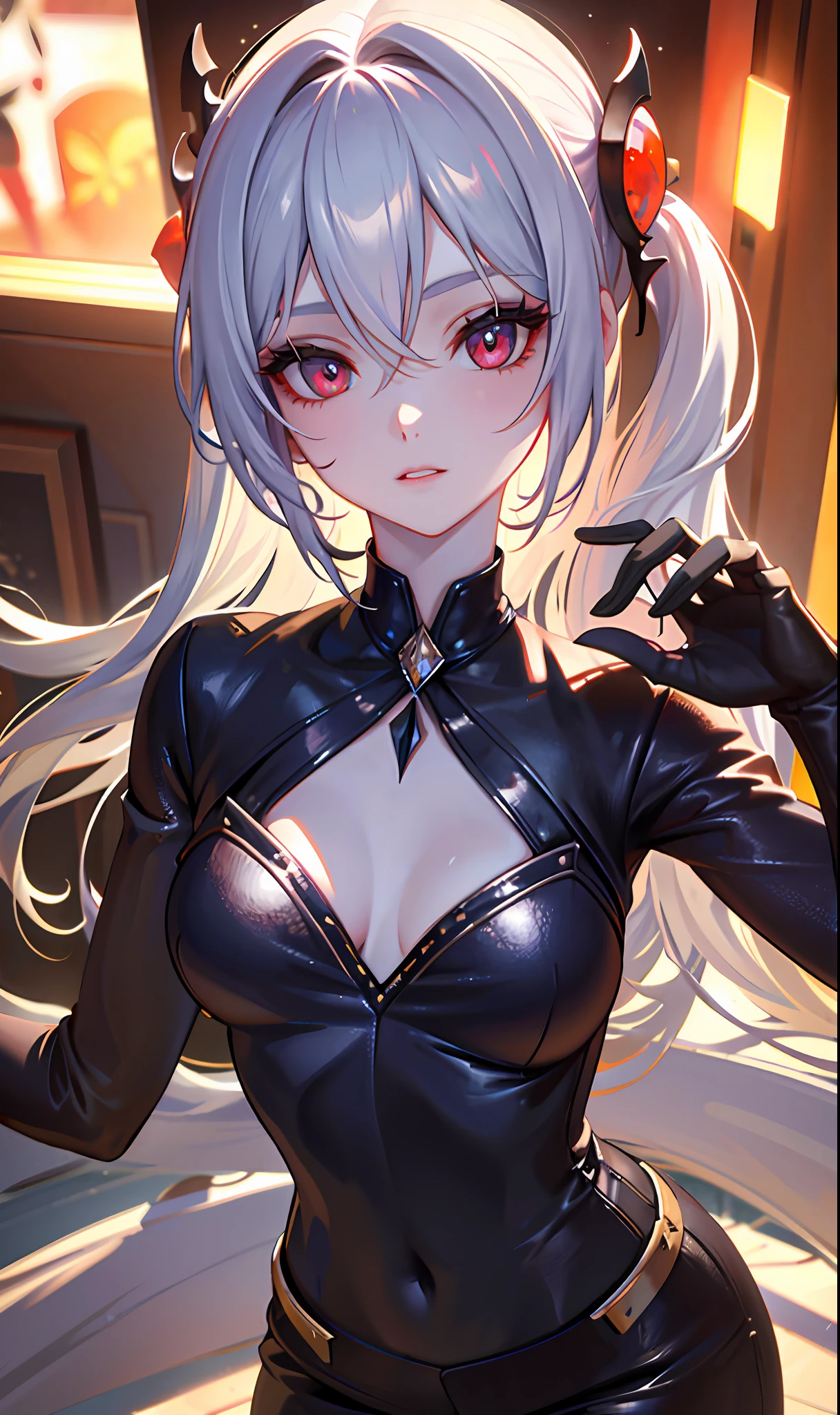 (Masterpiece, Side Light, Fine Beautiful Eyes: 1.2), (Masterpiece * Portrait), Portrait, (Bust), Realistic, 3D Face, Sweet Skin, (Solo), (Close-up of Face), (Fire Opal General Crimson Eyes), Hanging Corner of the Eye, ((High Detail Skin, Visible Pores)), (Perfect Figure), A Beautiful Girl, Small Tits, ((Gothic)), (Neck Ring), (Very, Very Short Glove)