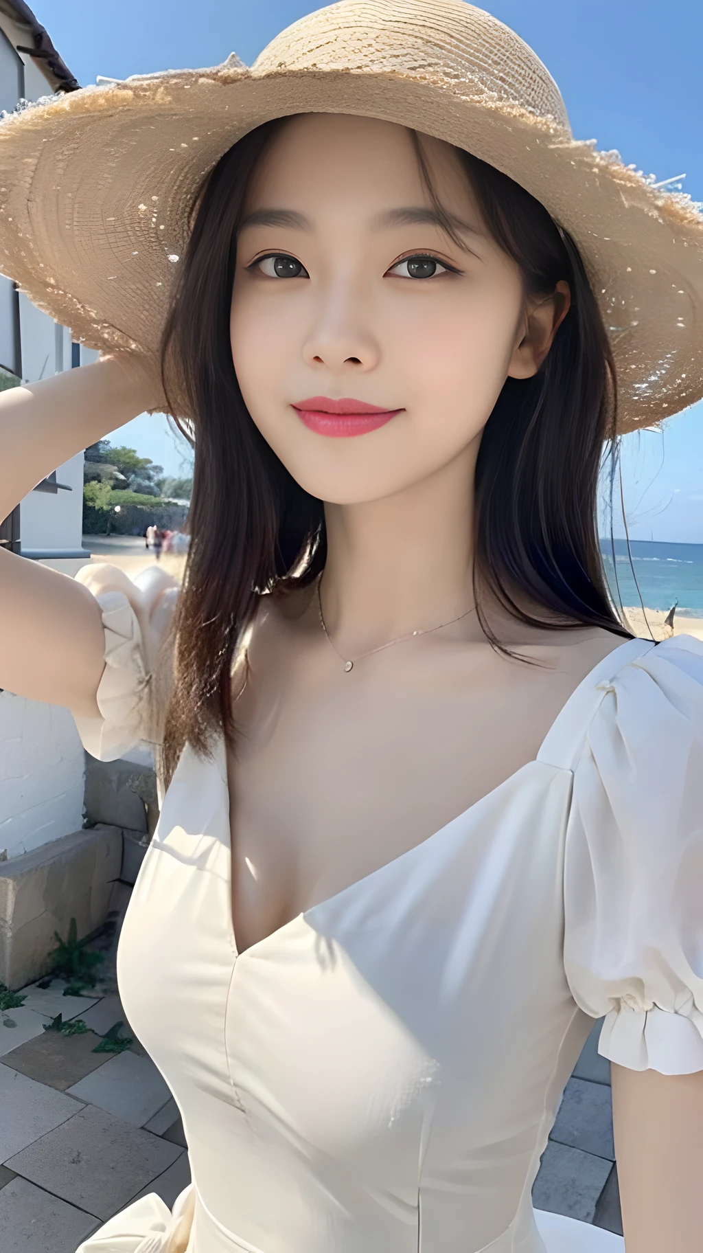 ((Best Quality, 8K, Masterpiece: 1.3)), (Straw Hat: 1.3), Focus: 1.2, Perfect Body Beauty: 1.4, Buttocks: 1.2, (Layered Haircut: 1.2), (Dark Street: 1.3), Highly Detailed Face and Skin Texture, Full Body, Fine Eyes, Double Eyelids, Whitened Skin, Long Hair, (Round Face: 1.5), (Touch-Chest Dress: 1.6). Smile by the sea