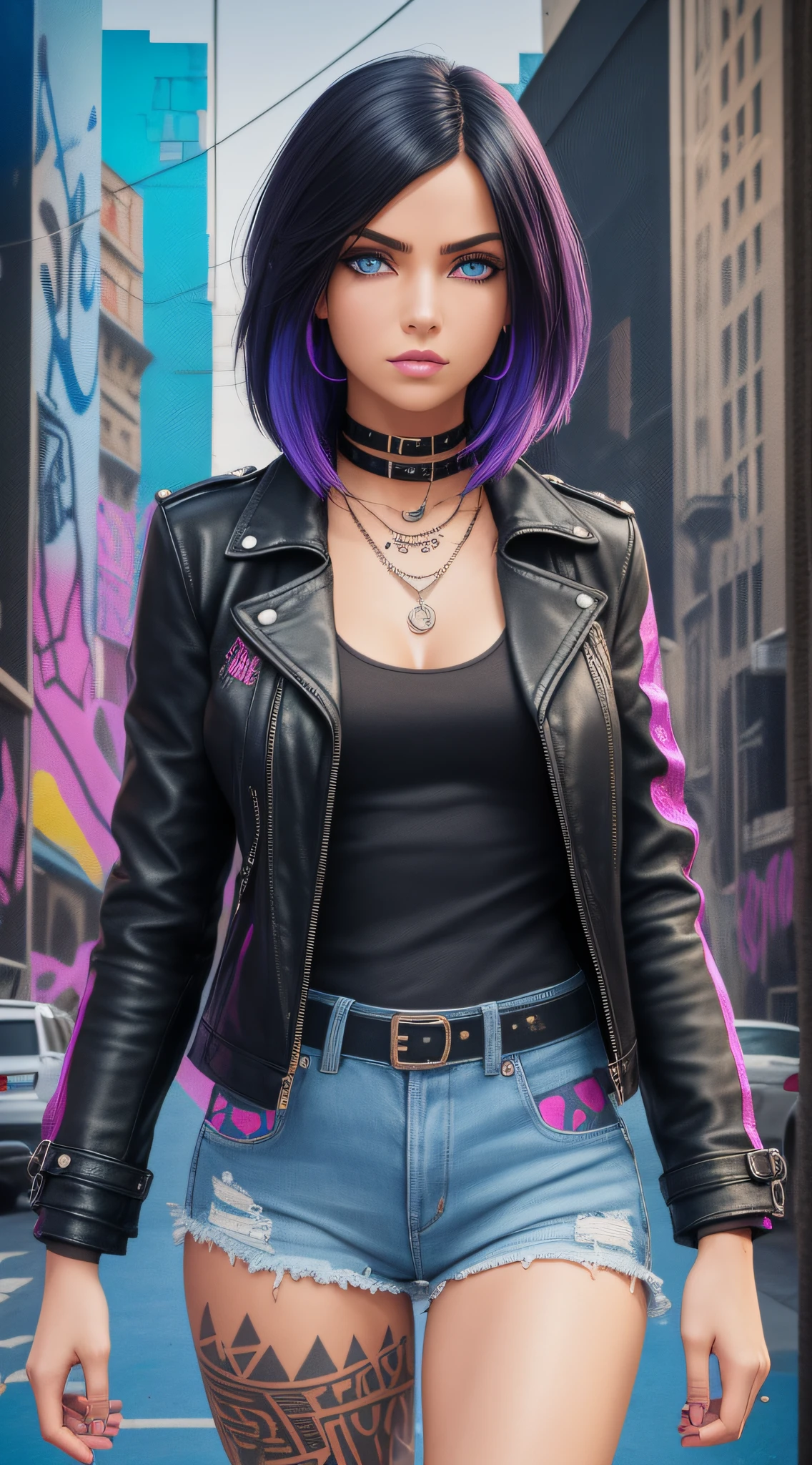 street girl, modern style dress, black short leather coat with no blouse underneath, torn blue jeans, with black hair and pink tips, a tribal tattoo on the arm, black eyes, ((full body)), (((perfect face)),((perfect iris eyes)), walking in the city by day, on street with some cars and walls with graffiti art, Social realism, Realism, ray tracing, reflection light, high quality, high details, super detail, 8k, 16k, best quality