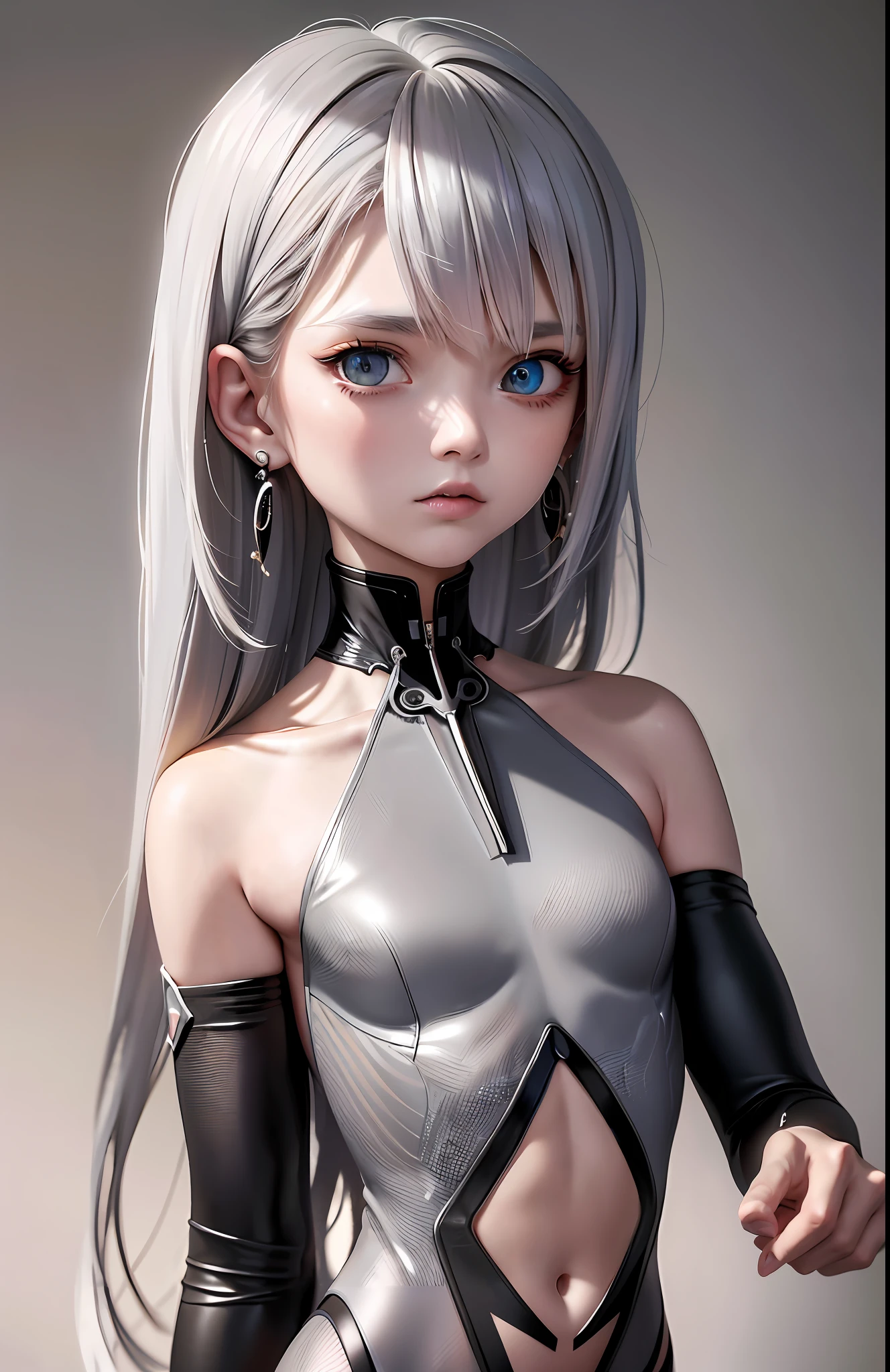 Best, Masterpiece, High Resolution, Best Quality, Ultra HD, Super Detail, Award-Awarded, 16k, (Upper Body), Anatomically Correct, Beautiful Maiden, Gray Hair, Hair, ((Heterochromia)), Hanging Corners, Fair Skin, (Small), (Slim Body), ((pilot_suit)), Stud Earrings, (Neck Ring)