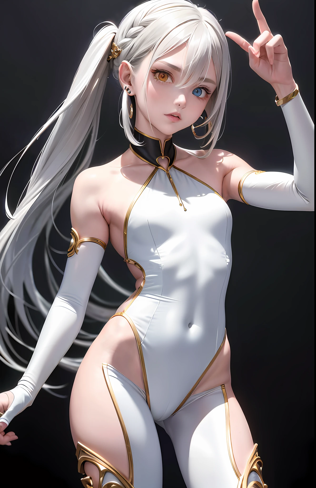 Best, Masterpiece, High Resolution, Best Quality, Ultra HD, Super Detail, Award-Awarded, 16k, (Upper Body), Anatomically Correct, Beautiful Maiden, Gray Hair, Hair, ((Heterochromia)), Hanging Corners, Fair Skin, (Small), (Slim Body), ((pilot_suit)), Stud Earrings, (Neck Ring)