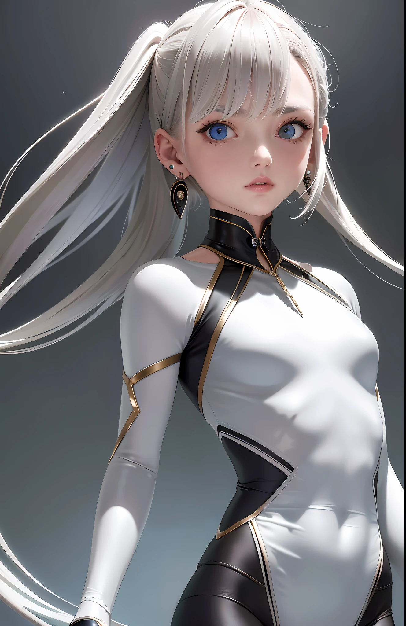 Best, Masterpiece, High Resolution, Best Quality, Ultra HD, Super Detail, Award-Awarded, 16k, (Upper Body), Anatomically Correct, Beautiful Maiden, Gray Hair, Hair, ((Heterochromia)), Hanging Corners, Fair Skin, (Small), (Slim Body), ((pilot_suit)), Stud Earrings, (Neck Ring)