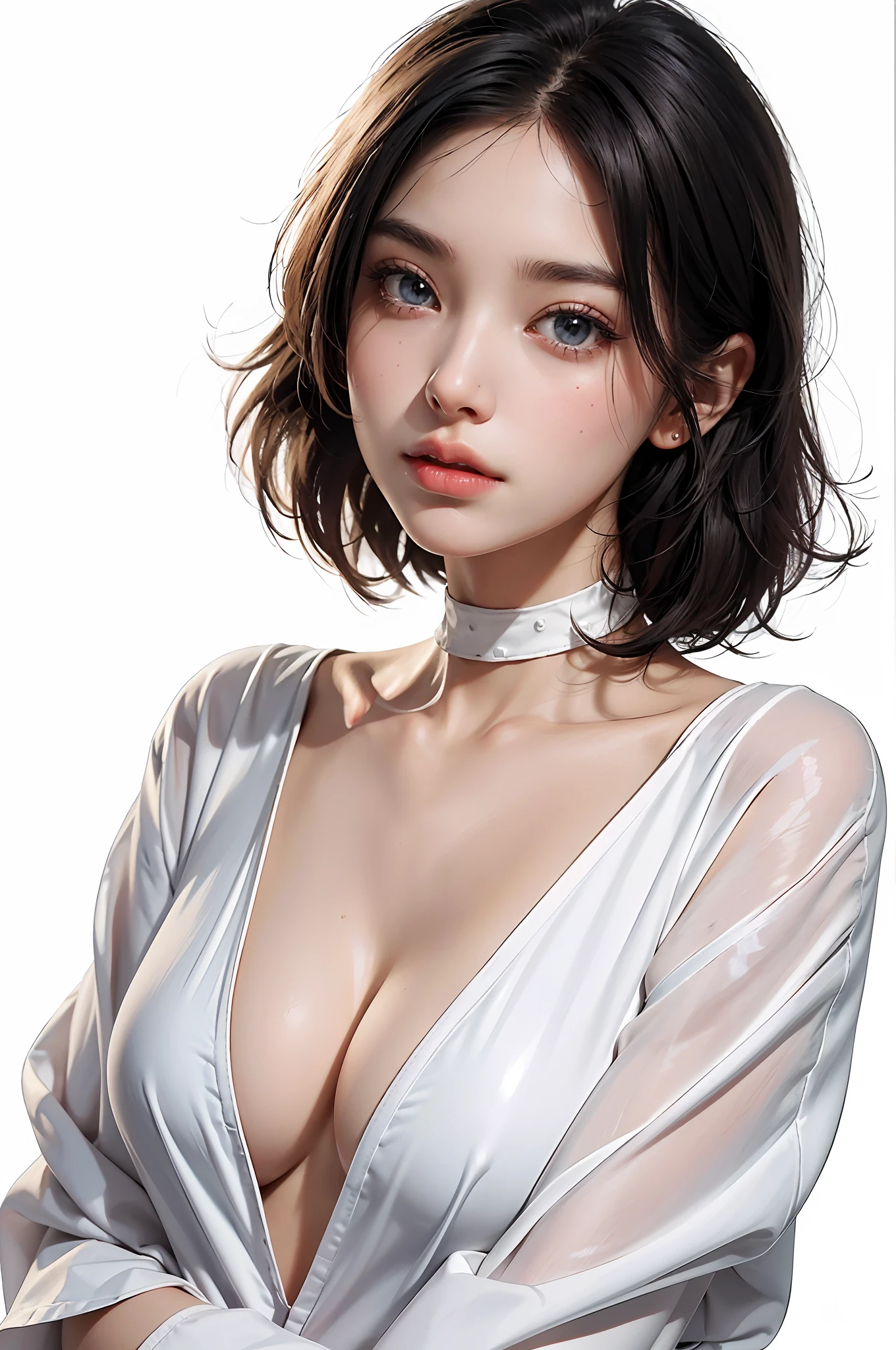 Top Quality, White Skin, Real Human Skin, (Detailed), Oval Face, Pore, Ultra High Resolution, (8k, RAW Photography, Photorealistic: 1.4), One Woman, Slim, (Gentle and Goddess-like Eyes) Happiness: 1.2), (Lip Gloss, Eyelashes, Distinct Double, Clear Eyes, Gloss Face, Best Quality, Ultra High Definition, Wide Lighting, Natural Shading) , Oversized Jacket, Fashion Shirt, White Background, Light Background, , Gloss on Chest, Gloss on Face, Gloss on Skin, Glossy Skin, Fresh Breeze, Straight Hair, Short Bob Hair, Long Neck, Choker